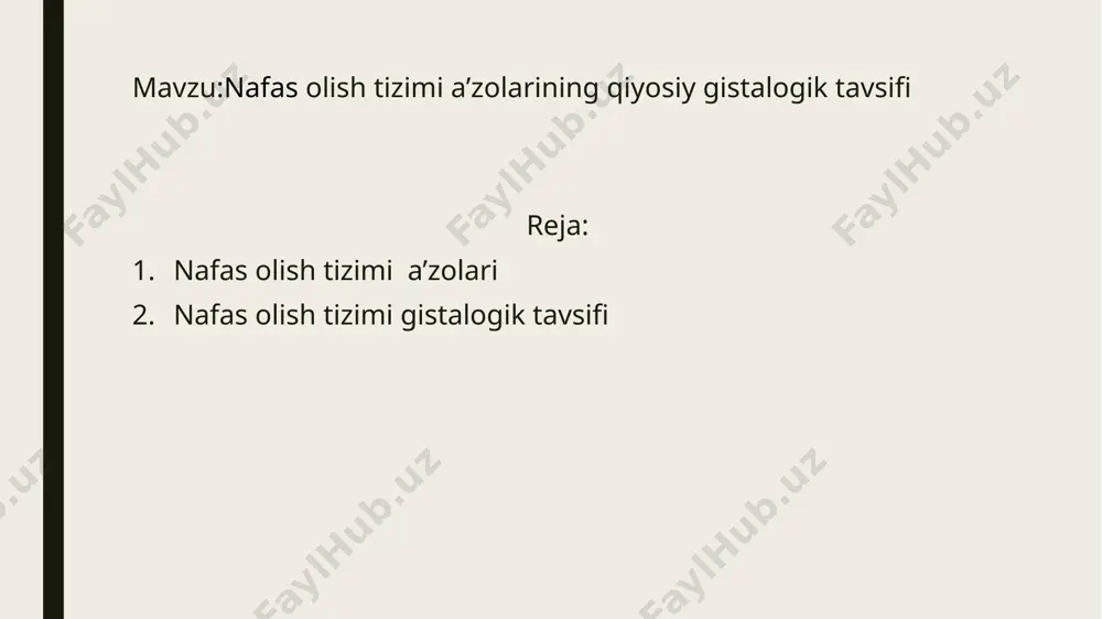 ilgan. - o'ng bo'lak 3 qismli, chap bo`lak 2 bo`lakli. - o'pkaning o'rtasida: kekirdak, qizilo'ngach, qon tomirlari, ayrisimon bez, nerv tolalari, limfa tomirlari va tugunlari hamda yurak joylashgan. o`pka alveolalari gaz almashinuvi jarayoni kechadi. devori bir qavatli epiteliy to'qimasidan iborat.atrofi mayda qon tomirlari — kapillarlar bilan to'rsimon shaklda o'ralgan. soni ikkala o'pkada 750 mln. atrofida bo'ladi.umumiy sathi 100 m^2.plevra pardasi. plevra pardasi- o'pkalar tashqi tomondan plevra pardasi bilan o'ralgan. - u ikki qavatdan (ichki va tashqi) iborat bo'lib, ular orasida torgina plevra bo'shlig'i hosil bo'ladi. - plevra bo'shlig'idagi bosim atmosfera bosimidan past bo'lib, u nafas olib-chiqarishda o'pkaning kengayib torayishiga qulaylik tug'diradi. visseral plevra bilan qoplangan qismi. 1-o'pkaning respirator bo'limi, 2- plevra, 2.1-biriktiruvchi to'qima, 2.2-mezoteliy, 3 -qon tomir. ovoz apparati- baland gapirganda yopiq holatda, pichirlab gapirganda yarim ochiq holatda, jim turganda uchburchak shaklda ochiq holatda bo'ladi. - ovozning o'tkirligi ovoz boylamlarining kalta yoki uzun bo'lishiga bog'liq. - ayollarda ularning uzunligi o'rtacha …
