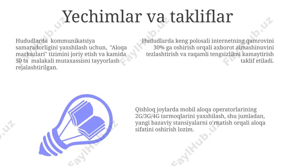 oshiradi, chunki foydalanuvchilar yuqori narxda cheklangan ulanishni xarid qilishga majbur. aloqa xizmatlari narxlarining yuqoriligi, ayniqsa qishloq joylarda, aholining 30% gacha internetga kirish imkoniyatiga ega emasligiga olib keladi, bu esa raqamli tengsizlikni kuchaytiradi. o'rtacha aloqa xarajatlari shaharlarga nisbatan qishloq hududlarida 25% ga yuqori bo'lib, bu aholining byudjetidan sezilarli ulushini tashkil etadi va ulanishni cheklaydi. mobil aloqa qamrovining pastligi mobil aloqa qamrovi pastligi qishloq joylarida aholining 30% dan ortig'iga ta'sir ko'rsatib, internetga kirish imkoniyatini cheklaydi va ijtimoiy-iqtisodiy rivojlanishni sekinlashtiradi. kam qamrovli hududlarda o'rtacha internet tezligi 2 mbps dan past bo'lib, masofaviy ta'lim, teletibbiyot va boshqa raqamli xizmatlardan foydalanishni qiyinlashtiradi. signalning zaifligi tufayli o'rtacha qo'ng'iroq muvaffaqiyatsizligi darajasi 15% ni tashkil etadi, bu biznes faoliyatiga va favqulodda vaziyatlarda tezkor aloqaga salbiy ta'sir qiladi. aloqa infratuzilmasining rivojlanmaganligi cheklangan keng polosali internetga kirish imkoniyati tufayli, 80% dan ortiq qishloq xo'jaligi korxonalari raqamli texnologiyalardan to'liq foydalana olmaydi, bu esa ularning samaradorligini pasaytiradi. aloqa infratuzilmasining rivojlanmaganligi tufayli, qishloq …
