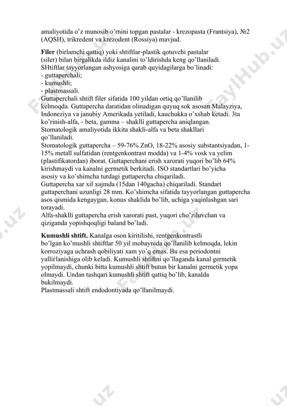 skidi va evgenol asosida - epoksid malћami asosida - rezortsin-formalin asosida - shishaionomer tsement asosida - gidroksid kaltsiy asosida xozirda keng qo’llanadigan silerlar: tsinkoksievgenol pasta (olmoniya), grossman pastasi (aqsh), endometazon, estezon, propilor, endomet, merpazon (frantsiya), tseodent, evgedent (rossiya) terapevtik stomatologiyada keng qo’llanilib kelmoqda. epoksid aralashma asosidagi pastalar: an-26, an-plyus (angliya), termasil (aksh), diaket (olmoniya), belan, endodont, intradont-d (rossiya). rezortsin-formaldegid asosidagi pastalar: ex tempore tayerlanadigan rezortsin-formalinli pasta , paratsin, rezodent (rossiya), foredent (chexiya), radikskort (bolgariya), bioplast, forfenan (frantsiya). shishaionomer tsementlar: ketak-endo (aqsh), endo-jen (yaponiya), stiodent (rossiya). gidroksid kaltsiy tarkibli pastalar: biokaleks va endokanal (frantsiya), tempkanal –sa (aqsh), silapeks (aqsh), apeksit (olmoniya),apeksdent, eodent (rossiya). ulardan tashqari xozirgi kunda stomatologik amaliyotida o’z munosib o’rnini topgan pastalar - krezopasta (frantsiya), №2 (aqsh), trikredent va krezodent (rossiya) mavjud. filer (birlamchi qattiq) yoki shtiftlar-plastik qotuvchi pastalar (siler) bilan birgalikda ildiz kanalini to’ldirishda keng qo’llaniladi. shtiftlar tayyorlangan ashyosiga qarab quyidagilarga bo’linadi: - guttaperchali; - kumushli; - plastmassali. …