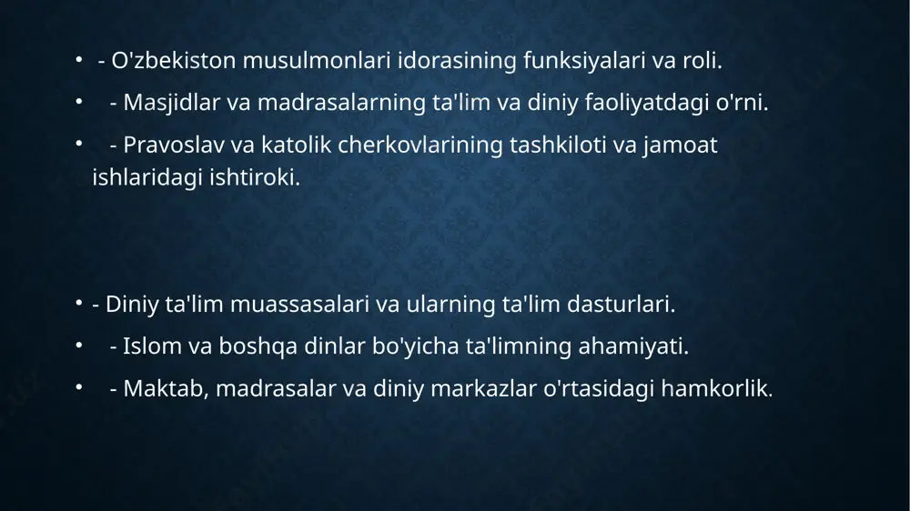 minlash va diversifikatsiyani hurmat qilish muhim ahamiyatga ega. diniy guruhlar o'rtasida interfaith aloqalar tinchlik va barqarorlikni saqlashda yordam beradi. /docprops/thumbnail.jpeg