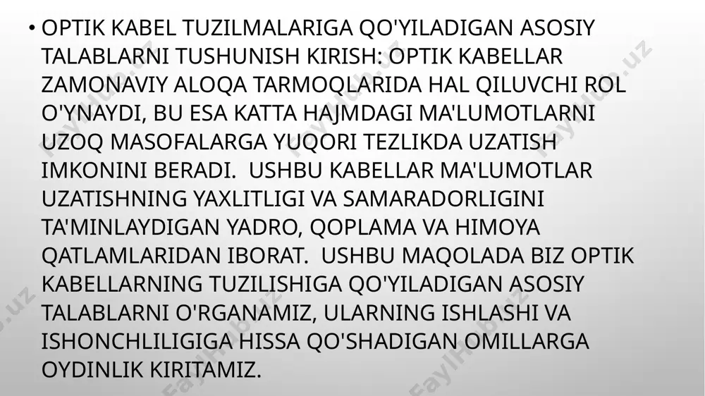 omponent signalning yaxlitligini saqlash, signal yo'qotilishini minimallashtirish va atrof-muhit muammolariga qarshi turishda muhim rol o'ynaydi. ushbu talablarni tushungan holda, muhandislar va texniklar zamonaviy aloqa tarmoqlari talablariga javob beradigan, uzluksiz ulanish va yuqori tezlikda ma'lumotlarni uzatish imkonini beruvchi optik kabellarni loyihalashlari va joylashtirishlari mumkin. image2.png image4.jpeg image5.jpeg image1.png /docprops/thumbnail.jpeg