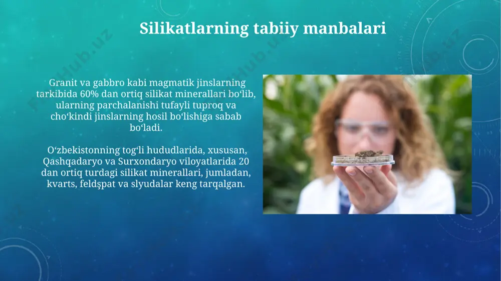 rishda qo'llanilishini belgilaydi. bu haroratlar, o'zbekistonning keramika zavodlarida qo'llaniladigan texnologiyalarni hisobga olgan holda muhim ahamiyatga ega. yuqori silikatli tog' jinslarining erish harorati, masalan, granitning 1215°c atrofida erishi, yerning chuqur qatlamlarida magmaning shakllanishi va vulqon faolligini tushunishda muhim rol o'ynaydi. bu jarayonlar, xususan, o'zbekistonning tog'li hududlarida kuzatiladi. e'tiboringiz uchun rahmat @taqdimot_robot image3.png image4.jpg image5.jpg image6.jpg image7.jpg image8.jpg image9.jpg image10.jpg image11.jpg image12.jpg image13.jpg image14.jpg image15.jpg image16.jpg image17.jpg image18.jpg image19.jpg