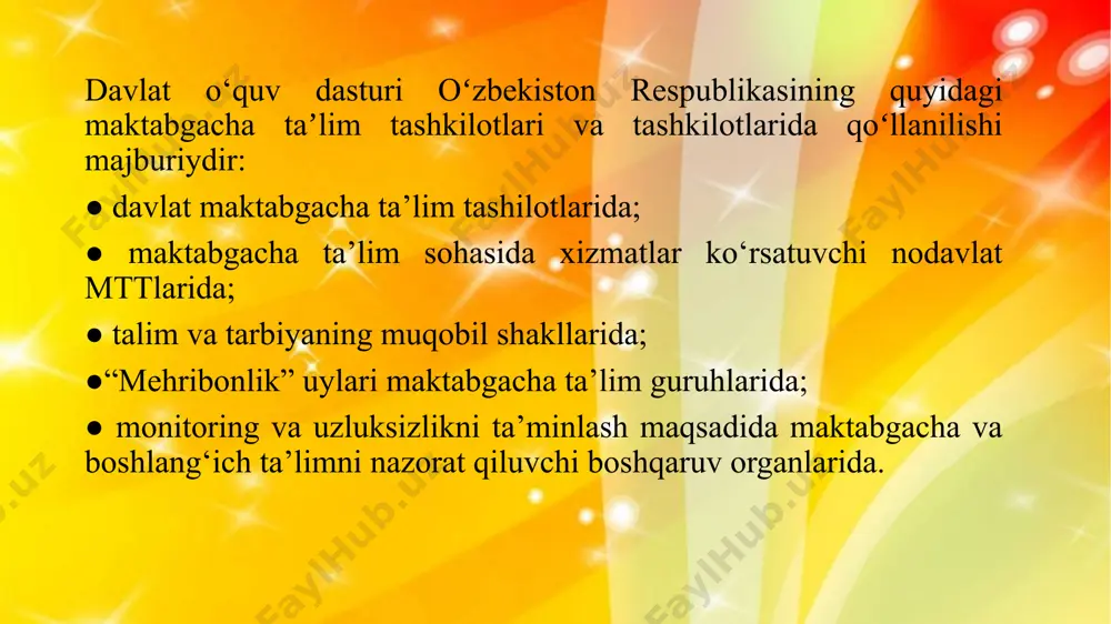 shga qiziqish bildiradi; ● chet tili bo‘yicha dastlabki bilimlarini namoyish etadi; ● badiiy adabiyotga qiziqish bildiradi; ● so‘zning lug‘aviy ma’nosi, bo‘g‘inli va fonetik tuzilishi to‘g‘risida tasavvurga tushunchaga ega bo‘ladi; ● gapning turli ma’no shakllarini mustaqil ravishda tuzadi va so‘zlab bera oladi; ● ona tilida yozishning dastlabki malakalari va vositalaridan foydalanishni biladi 3. til va nutq jihozlar: • stol (1), stullar (2-4); • jihozlar va bolalar adabiyotlarini saqlash uchun ochiq javonlar; • magnit doska; • yumshoq bolalar mebellari (divan, kreslo); • televizor yoki eshitish vositali audio markaz. materiallar: • qirqiladigan rasmlar; • pazllar; • rasmli kubiklar to‘plami; • loto; • domino; • juftli kartochkalar (xotira o‘yinlari); • bolalarning yosh imkoniyatlariga muvofiq qoidalari bo‘lgan boshqa stolbosma o‘yinlari (yurish o‘yinlari va h.k.); • boshqotirma oʻyinlari (masalan, tangram va boshqalar); • alifbo plakati; • magnitli alifbo; • harfli va bo‘g‘inli kubiklar; • qora va rangli qalamlar, flomasterlar; • trafaretlar; • lineykalar; • qog‘oz, konvertlar; …