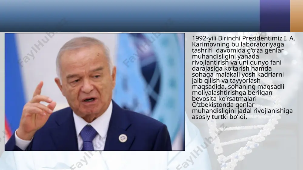 borilmoqda. o‘zbekistonda gen muhandisligi asosida suv tanqisligi, sho‘rlanish, kasalliklar va zararkunandalarga chidamli qishloq xo‘jaligi ekinlarining yuqori sifatli va serhosil navlarini yaratish davr talabidir. bu o‘z navbatida yosh barkamol avlod zimmasiga ushbu texnologiyalarni to‘la o‘zlashtirish va ularni amaliyotga tatbiq qilish ma’suliyatini yuklaydi. savol va topshiriqlar o‘zbekistonda gen muhandisligi fani rivojini belgilagan omillar haqida gapiring. o‘zbekistonda gen muhandisligi va biotexnologiya sohasida qilinayotgan tadqiqotlar va olingan natijalar haqida nimalar bilasiz? biotexnologiyaning yo‘nalishlarini sanang. gen va hujayra muhandisligi kelajagini qanday tasavvur qilasiz? genlar terapiyasi nima? «asos» hujayralar qanday xususiyatlarga ega? sizningcha, inson organlarini probirkalarda yangidan yaratish mumkinmi? image2.jpeg image3.jpeg image4.jpeg image5.jpeg image6.jpeg image7.jpeg image8.jpeg image9.jpeg image10.jpeg image11.jpeg image12.jpeg image1.jpeg