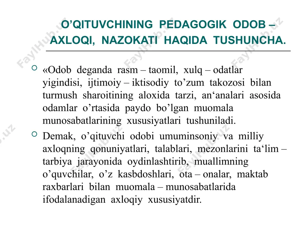 nson bo’lishi uchun ta‘lim va tarbiya olishi lozim deb hisoblaydi. yoshlarga ta‘lim va tarbiya beradigan ustoz shogirdiga nisbatan juda qattiq zug’um qilishga intilmasligi, shuningdek, haddan tashqari ko’p yon berishga ham intilmasligi lozim. chunki ortiqcha zug’um shogirdda ustozga nisbatan nafrat uyg’otadi, bordi – yu, shogird ustozning juda yumshoqligini payqab qolsa, bu hol ustozni mensimaslikka va u beradigan bilimdan sovishga olib keladi. abu ali ibn sinoning fikricha, tarbiya yagona jarayon bo’lib, yoshlarga aqliy, jismoniy, nafosat, axloqiy tarbiya berishni, xunar o’rgatishni nazarda tutadi. bolaga ta‘lim – tarbiya berish uchun saxovatli, dono, iymonli, axloqiy va aqliy tarbiya usullarini yaxshi biladigan, irodasi kuchli muallim – tarbiyachini tanlash zarur. muallim sog’lom, pok, xalol, xushmuomala kishi bo’lmog’i lozim, deydi. kaykovus. «qobusnoma»da bolalarga hunar va kasb o’rgatmoq to’g’risida farzandiga qilgan nasixatida ota – onaning va muallimlarning bolaga muomala – munosabati masalasiga ham to’xtaladi. alisher navoiy. o’qituvchi jamiyatda obro’li va xurmatga loyiq insondir, deb hisoblaydi. shogirdlar muallimni xurmat qilishlarini, …