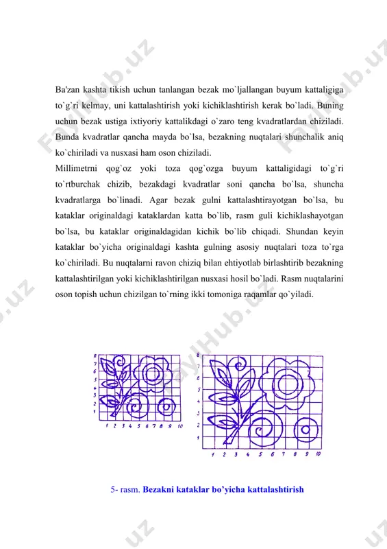 ni suyanchig`iga suyanish mumkin bo`ladigan qilib, stolga yaqinroq surib qo`yiladi; -ish vaqtida qo`lni to`g`ri qo`yish katta ahamiyatga ega; -chap qo`l chambarak tagida bo`lib, o`ng qo`l chambarak ustida bo`lishi kerak. siyrak gazlamaga va to`rga baxyasimon suv chokli kashta tikishda o`ng qo`lda ignani uning uch tomoni bilan kashtaning teskari tomonidan o`tkaziladi. ignaning uchli tomonini chap qo`lda tutib, uning ko`z tomoni bilan kashtaning o`ng tomoniga chiqariladi. o`ng qo`l bilan ip tortib qo`yiladi. zich gazlamalarga kashta tikishda, kashtaning o`ngiga ignani uning uchki tomoni bilan chiqariladi. kashtado`zlikda xavfsizlik texnikasi va sanitariya-gigiena qoidalari. 1. ish o`rniga yorug`lik oldi yoki chap tomonidan tushishi; 2. kashta tikayotganda to`g`ri va boshni sal oldinga egib o`tirish; 3. kashta tikishdan oldin, ish o`rnini ko`rib, ortiqcha narsalar bo`lsa yig`ishtirib so`ngra tikishni boshlash; 4. tikish tugagach, ya'ni hamma asboblarni joy-joyiga qo`yish; 5. kashta tikayotganda nina, to`g`nog`ich, qaychi va angishvona bilan ishlaganda ehtiyot bo`lishi kerak. 6. qaychining og`zi ochiq qolmasligi, biror kishiga uzatganda uning …