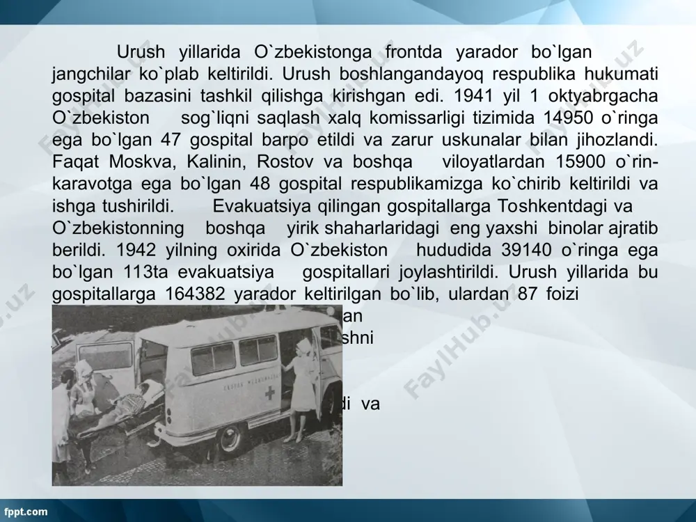 ada ko`mir, neft konlaridagi ish sur`atlarini ko`paytirish, yangi konlarni ochish borasida ham samarali ishlar olib borildi. natijada 1945 yilga kelganda 1940 yildagiga nisbatan 30 marta ko`proq, ya`ni 103 million tonna ko`mir qazib olindi. urush yillarida respublikada "chuqurlangar", "tolmozor", "naymon", "shahrixon-xo`jaobod", "janubiy olamushuk" va boshqa yangi neft konlari ishga tushirilishi bilan birga farg`ona vodiysida ishlab turgan "andijon", "polvontosh", "changartosh", "chimyon" neft konlarida mahsulot ishlab chiqarishni ko`paytirish tadbirlari natijasida respublikada neft ishlab chiqarish 4 marotaba ko`paydi. volfram, molibden, mis va oltin zaxiralarining topilishi natijasida o`zbekistonda rangli metallar sanoati yaratildi. o`zssr xksning 1942 yil 17 iyunda bekobodda metallurgiya zavodi qurish to`g`risidagi qarorini bajarishga 30 mingdan ko`proq kishi jalb etilib, 1944 yil 5 martda o`zbekistonning birinchi metallurgiya zavodi ishga tushirildi. 1945 yil fevralda bekobod metallurgiya zavodining ikkinchi navbati ham mahsulot bera boshladi. urush yillarida qurilish materiallari, to`qimachilik va poyabzal, oziq-ovqat va mahalliy sanoat tarmoqlari ham rivojlandi. sanoatning yangi yo`nalishlarining paydo bo`lishi, zavod va fabrika …
