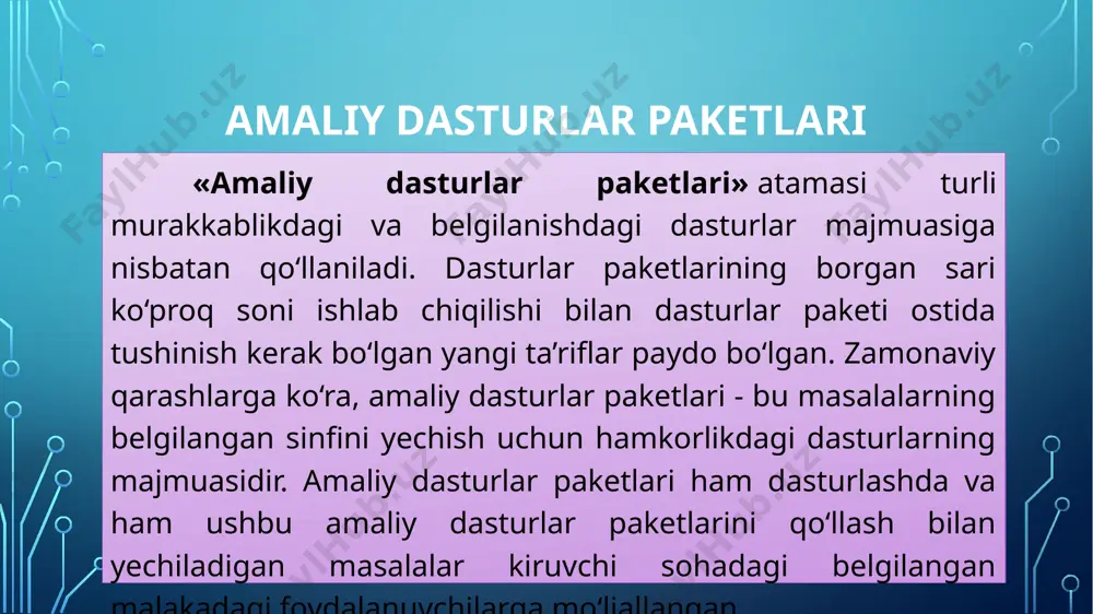 uv vositalari ko‘zda tutilgan. paket qo‘llanishning aniq shartlarini sozlashga yo‘l qo‘yadi o’z sinfi doirasida paket belgilangan universallikka ega, ya’ni ushbu sinfdagi barcha yoki deyarli barcha masalalarni yechishga imkon beradi amaliy dasturlar paketlarining tasnifi vazifaviy belgilanishga ko‘ra ot imkoniyatlarini kengaytiruvchi amaliy dasturlar paketlari ajratiladi, masalan, ko‘p foydalanuvchili tizimlarni ko‘rish, uzoqlashtirilgan abonentlar bilan ishlash, fayllarning maxsus tashkil qilinishini amalga oshirish, ot bilan ishlashni soddalashtirish va h.k uchun. аdplarini ikki turga: statik (s-paketlar) va dinamik (d-paketlar)ga ajratish mumkin. s-paket holatida dastlab amaliy dasturlarni tuzish amalga oshadi (paket-konstruktor yoki k-paket ishlaydi), so’ngta hisob-kitob qilinadi (paket-hisoblagich yoki v-paket), shundan so’ng grafik paket (g-paket) olingan ma’lumotlarni vizuallashni bajaradi. v-paket va g-paketlarning ishlari parallel amalga oshishi mumkin. amaliyotda s-paketlar d-paketlarga qaraganda kengroq tarqalgan. foydalanuvchilarning amaliy masalalarini yechish uchun mo‘ljallangan paketlar orasida uslubiy-mo‘ljallangan va muammoviy-mo‘ljallangan paketlarni ajratish mumkin. uslubiy mo‘ljallangan paket foydalanuvchining masalasini paketda ko‘zda tutilgan bir necha usullardan biri bilan yechishga mo‘ljallangan, buning ustiga usul yoki foydalanuvchi …