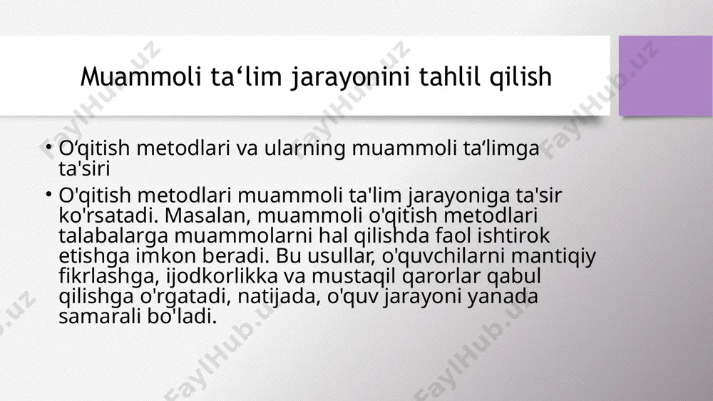 likni ta'minlash va resurslar bilan ta'minlashni o‘z ichiga oladi. o‘quvchilarning tayyorgarlik darajalari o‘quvchilarning muammoli ta‘limga tayyorgarlik darajalari uchta asosiy darajaga bo‘linadi: yuqori, o‘rta va past. yuqori darajadagi o‘quvchilar muammolarni tezda hal qilishga qodir va ijodiy fikrlash ko‘nikmalariga ega. o‘rta darajadagi o‘quvchilar muammolarni hal qilishda ko‘makka muhtoj bo‘lishi mumkin, lekin ular asosiy kontseptlarni tushunishadi. past darajadagi o‘quvchilar esa muammolarni hal qilishda qiyinchiliklarga duch keladilar va ko‘pincha ko‘rsatmalarga muhtojdirlar. o‘quvchilarning tayyorgarlik darajalarini baholash muammoli ta‘lim jarayonining samaradorligini oshirishda muhim ahamiyatga ega. o‘qituvchilar o‘quvchilarning tayyorgarlik darajalarini bilish orqali, ta‘lim strategiyalarini moslashtirish va har bir o‘quvchining ehtiyojlariga muvofiq yordam ko‘rsatishi mumkin. bu, o‘quvchilarning muammoli ta‘limga bo‘lgan munosabatini yaxshilaydi va ularning ishtirokini oshiradi. o‘qituvchilarning roli o‘qituvchilarning muammoli ta‘limda o‘quvchilarga tayyorgarlik berishdagi roli juda muhimdir. o‘qituvchilar o‘quvchilarga mustaqil fikrlash, muammolarni hal qilish va jamoada ishlash ko‘nikmalarini rivojlantirishda yordam berishlari zarur. ular o‘quvchilarga o‘qitish jarayonida faol ishtirok etishlariga, o‘z fikrlarini erkin ifoda etishlariga va yangi bilimlarni mustahkamlashlariga …