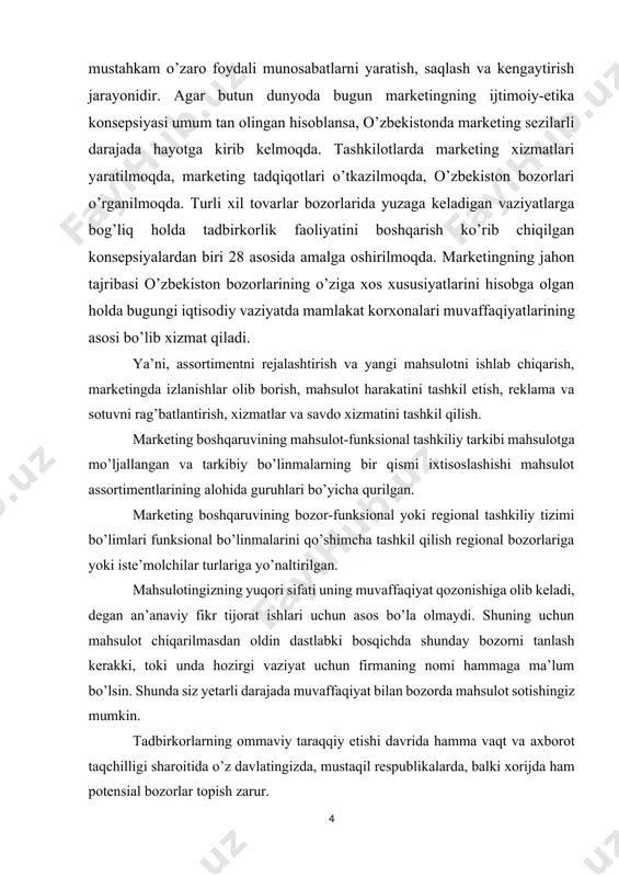 sh regional bozorlariga yoki iste’molchilar turlariga yo’naltirilgan. mahsulotingizning yuqori sifati uning muvaffaqiyat qozonishiga olib keladi, degan an’anaviy fikr tijorat ishlari uchun asos bo’la olmaydi. shuning uchun mahsulot chiqarilmasdan oldin dastlabki bosqichda shunday bozorni tanlash kerakki, toki unda hozirgi vaziyat uchun firmaning nomi hammaga ma’lum bo’lsin. shunda siz yetarli darajada muvaffaqiyat bilan bozorda mahsulot sotishingiz mumkin. tadbirkorlarning ommaviy taraqqiy etishi davrida hamma vaqt va axborot taqchilligi sharoitida o’z davlatingizda, mustaqil respublikalarda, balki xorijda ham potensial bozorlar topish zarur. korxona uchun iqtisodiy kenglik bu, avvalo, mahsulot va xizmatlarning erkin almashuvidagi sharoit bo’lib, ushbu jarayon qatnashchilarining manfaatiga bog’liqdir. bizning holatda iqtisodiy kenglik, mahsulot almashuvi uchun ishlab chiqaruvchi (kommersant-tijoratchi bilan) va iste’molchi orasidagi haqiqiy sharoitlarning bunyod etilishidir. mahsulotni sotish maqsadidagi tadbirlarning boshqaruv chizmasi marketing majmuasi elementlari marketing majmuasi elementlariga ta’sir etuvchi tadbirlar mahsulot mahsulot ishlab chiqarish siyosatini yaratish, mahsulotning assortimentini aniqlash va kengaytirish. mahsulotlar tavsifini iste’molchi talabiga binoan yaxshilash. yangi mahsulot yaratish narx narx …