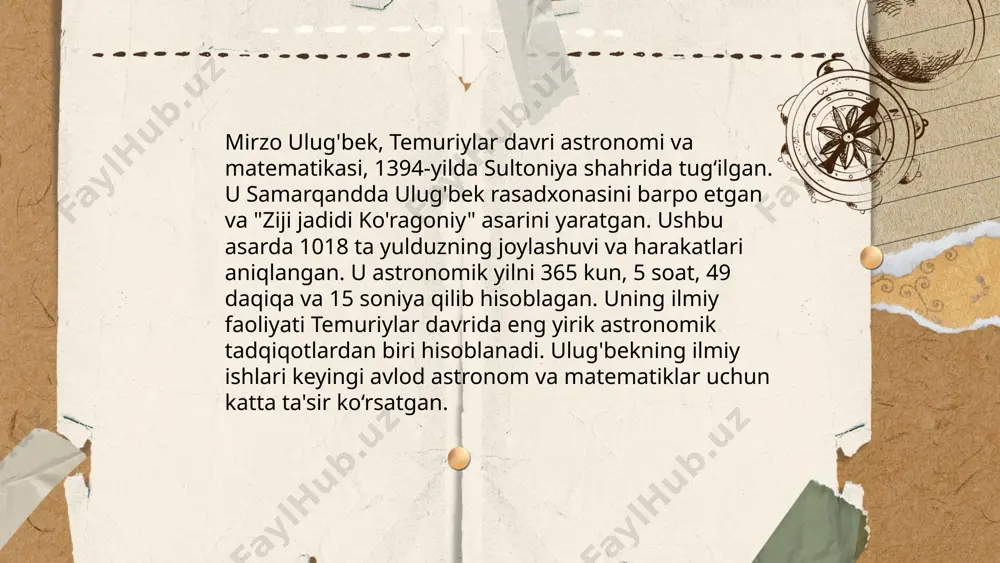 ni o‘qitish keng yo‘lga qo‘yilgan edi. uning rasadxonasida dunyo astronomiyasiga katta hissa qo‘shgan "ulug‘bek zij" asari tuzilgan. ulug'bekning ta'lim tizimi ilmiy erkinlik va aniq fanlarni o‘rganishga asoslangan bo‘lib, bu o‘sha davr va keyingi asrlar uchun muhim ahamiyat kasb etgan. ... t.me/slaydai_bot ulug‘bek madrasasi 1420-yilda samarqandda barpo etilgan bo‘lib, markaziy osiyoning muhim ilmiy markazlaridan biri bo‘lgan. madrasa astronomiya, matematika va boshqa fanlar bo‘yicha mashhur olimlarni yetishtirgan. ulug‘bekning o‘zi astronom va matematik sifatida mashhur bo‘lib, u madrasada dars bergan. madrasa binosi registon majmuasining bir qismi hisoblanadi va o‘zining mohirona me’morchilik uslubi bilan ajralib turadi. ulug‘bek bu yerda o‘zining ulug‘bekiy yulduz jadvalini yaratgan bo‘lib, unda mingdan ortiq yulduzlar joylashuvi aniqlangan. bu inshoot mintaqa taraqqiyotiga katta ta'sir ko‘rsatgan. ... t.me/slaydai_bot mirzo ulug'bek (1394-1449) - mashhur astronom va matematik, temuriylar davrining yorqin vakili. u samarqandda ulug'bek madrasasini 1420 yilda qurishga boshchilik qilgan. shu bilan birga 1428-1429 yillarda samarqandda rasadxona quriladi. bu rasadxona astronomiya ilmining rivojlanishiga …