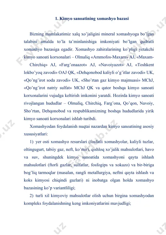 istirol, kaprolaktam, yadoximikatlar va boshqa mahsulotlar olinishi mumkin. shu bilan birga usullarning xilma-xilligi bitta mahsulotning turli xil xomashyolardan olish imkonini beradi. masalan, asetilen ishlab chiqarishda tabiiy gaz, neftni qayta ishlash gazlari, neft qazib olish yo’ldosh gazlari, kalsiy karbid; kaprolaktam ishlab chiqarish uchun esa – benzol, fenol, anilin yoki toluol ishlatilishi mumkin. ko’pgina kimyoviy mahsulotlar bir necha yo’llar bilan olinishi mumkin. masalan, sulfat kislota ishlab chiqarishning kontaktli va minorali usullari, superfosfat ishlab chiqarishning kamerali, oqimli va boshqa usullari, etil spirti ishlab chiqarishning bug’-fazali va sulfat kislotali gidratatsiya usullari va xokazo ko’rsatish mumkin. kimyo sanoatida tog’-kon ruda, neft, gaz, o’rmon va sellyulozaqog’oz sanoatlari, qora va rangli metallurgiya korxonalarining mahsulotlari xomashyo sifatida ishlatiladi. masalan, misli, ruxli, qo’rg’oshinli ruda va konsentratlarni kuydirishda hosil bo’ladigan rangli metallurgiya chiqindi gazlaridan ajratib olinadigan sulfit angidrid sulfat kislota ishlab chiqarishning qimmatbaho xomashyosi hisoblanadi. oltingugurtli xomashyoni kuydirishga sarflanadigan maxsus xarajatlarsiz har bir tonna mis metali suyuqlantirib olish hisobiga 10 …