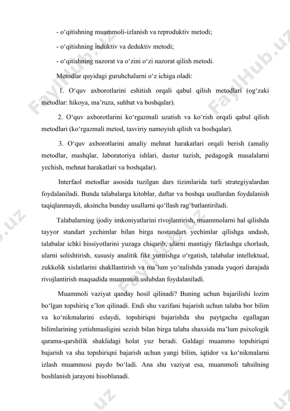 real haqiqiy amaliyotdagi sharoitda sinash va amaliy ko‘nikmalarni yangi bilimlar bilan yanada boyitish maqsadida shu uslubdan foydalaniladi. ma’lumki, har qanday fan o‘qitilishi uchun, belgilangan maqsadga ko‘ra, uning mazmuni, o‘zlashtirish uchun mos metodlari, o‘quv vositalari va ularga mos ravishda o‘qitish shakli tanlanadi. talabalarning psixologik tayyorgarliklari, fikrlash darajalari yoki olgan bilimlarini o‘zlashtirish darajalariga qarab, har bir ta’lim bosqichi uchun mos mazmun va metodlar tanlanadi. ta’limda har doim mazmun va metodlar muammosi mavjud, bu muammolar bir-biri bilan uzviy bog‘langan. ta’lim metodlaridagi muammolar «kimni qanday o‘qitamiz?» degan savol bilan bog‘liq bo‘lib, bundan ta’lim metodlarini ishlab chiqish uning mazmuniga bog‘liq ekanligi kelib chiqadi. bu ikki muammo o‘zaro qarama-qarshilikda bo‘lib, bir-birini to‘ldirib boradi. metodikaning maqsadi mazkur fandan yangi o‘quv fani (o‘quv predmeti)ni yaratish va bu fanning o‘zlashtirilishini ta’minlashdan iborat. bunday o‘quv fanlari talabaning barcha talab va ehtiyojlarini qoniqtirishi, pedagogik texnologiyar talablari asosida avval «o‘qish so‘ngra, bu o‘qishga o‘rgatish uchun o‘qitish» tamoyiliga asoslanishi, talabaning o‘quv materialini o‘zlashtirishdagi …