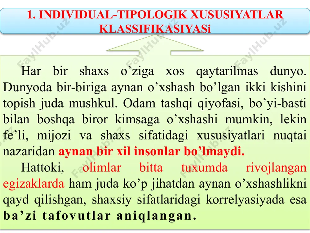 gi individual uslubimizga bevosita aloqador. kimdir juda chaqqon, tez ish qiladi, lekin sifatsiz. kimdir juda yaxshi qoyilmaqom ish qiladi, lekin juda sekin, kimdir ishga yuzaki qarab, nomiga uni bajarsa, boshqa bir odam unga butun vujudi va e’tiqodi bilan munosabatda bo’lib, tinimsiz izlanadi va jamiyat uchun manfaat qidiradi. shuning uchun ham individuallikning faoliyat va muloqotdagi samarasini inobatga olib, eng muhim individual-psixologik xususiyatlarni alohida o’rganamiz. odamlarning o’quv, mehnat va ijodiy faoliyatidagi o’ziga xoslikni tushuntirish uchun psixologiya fani birinchi navbatda qobiliyatlar va iqtidor masalasiga murojaat qiladi. chunki qobiliyatli odamdan avvalo jamiyat manfaatdor, qolaversa, o’sha insonning o’zi ham qilgan har bir harakatidan o’zi uchun naf ko’radi. 2. shaxs iqtidori va qobiliyatlar diagnostikasi qobiliyatlar muammosi eng avvalo inson aqlu-zakovatining sifati, undagi malaka, ko’nikma va bilimlarning borligi masalasi bilan bog’liq. ayniqsa, biror kasbning egasi bo’lish istagidagi har bir yoshning aqli va intellektual salohiyati uning malakali mutaxassis bo’lib yetishishini kafolatlagani uchun ham psixologiyada ko’proq qobiliyat tushunchasi aql …
