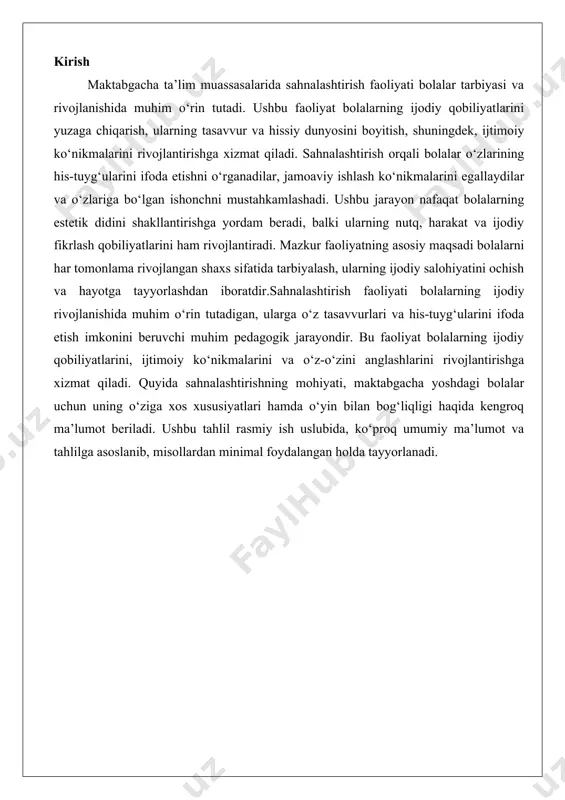 tish, hikoya yoki voqeani sahnalashtirish orqali tasavvurlarini rivojlantirish imkonini beradi. sahnalashtirish bolalarning ijodiy fikrlashini, hissiy intellektini va ijtimoiy munosabatlarini mustahkamlashga yordam beradi. u teatr elementlarini o‘z ichiga oladi, lekin professional teatr faoliyatidan farqli o‘laroq, sahnalashtirishda asosiy maqsad spektakl yaratish emas, balki bolaning shaxsiy va ijtimoiy rivojlanishiga hissa qo‘shishdir.sahnalashtirishning asosiy xususiyati uning ijodiy tabiatidadir. bolalar bu jarayonda faqat berilgan rollarni ijro etmaydi, balki o‘z tasavvurlari asosida yangi obrazlar, syujetlar yoki dialoglar yaratadi. bu esa ularning mustaqil fikrlash qobiliyatini rivojlantiradi. sahnalashtirishda bolalar guruhda ishlashni, bir-biri bilan hamkorlik qilishni va o‘zaro muloqotni o‘rganadi. bu faoliyat orqali ular nafaqat o‘zlarining his-tuyg‘ularini ifoda etishni, balki boshqa odamlarning his-tuyg‘ularini tushunishni ham o‘rganadi. sahnalashtirishning pedagogik ahamiyati shundaki, u bolalarga o‘zlarining ichki dunyosini ochishga va o‘z-o‘zini anglashga yordam beradi. masalan, bola o‘zi ijro etayotgan rol orqali turli xil ijtimoiy vaziyatlarni boshdan kechiradi, bu esa uning empatiya va hamkorlik ko‘nikmalarini oshiradi. shuningdek, sahnalashtirish bolalarga o‘z fikrlarini aniq ifoda etish, …