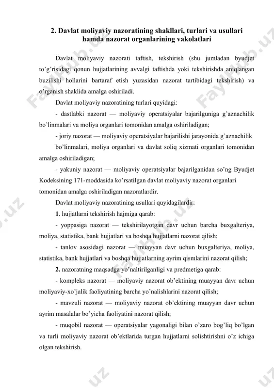 metrlarini shakllantirish jarayonlarini, ularning qonun hujjatlari talablariga muvofiqligiga rioya etilishini tizimli o’rganish; - byudjet tizimi byudjetlarining daromadlarini shakllantirish va mablag’lari sarflanishini umumiy, moddalar bo’yicha, tarmoqlar hamda hududlar kesimida nazorat qilish va tekshirish; - davlat maqsadli dasturlari amalga oshirilishining to’liqligi va samaradorligini baholash; - o’zbekiston respublikasi vazirlar mahkamasining va o’zbekistorespublikasi moliya vazirligining bank hisobvaraqlaridagi mablag’larining qonuniy shakllantirilganligini, maqsadli hamda samarali sarflanganligini nazorat qilish va tekshirish; - o’zbekiston respublikasining respublika byudjeti va qoraqalpog’iston respublikasi byudjeti, viloyatlar va toshkent shahar mahalliy byudjetlari o’rtasida maqbul nisbatga erishishga doir takliflarni tahlil qilish hamda baholash; - davlat aktivlari shakllantirilishini, ulardan samarali va maqsadli foydalanilishini tekshirish; - daromad keltiruvchi tarmoqlar korxonalari faoliyatini byudjet tizimi byudjetlariga qo’shimcha tushumlar zaxiralarini aniqlashga yo’naltirilgan tarzda tahlil va nazorat qilish; - o’zbekiston respublikasining tiklanish va taraqqiyot jamg’armasi, o’zbekiston respublikasi moliya vazirligi huzuridagi davlat ehtiyojlari uchun xarid qilinadigan qishloq xo’jaligi mahsulotlari uchun hisob-kitoblar jamg’armasi, qishloqlarni qishloq xo’jalik texnikasi bilan ta’minlashni davlat tomonidan rag’batlantirish …