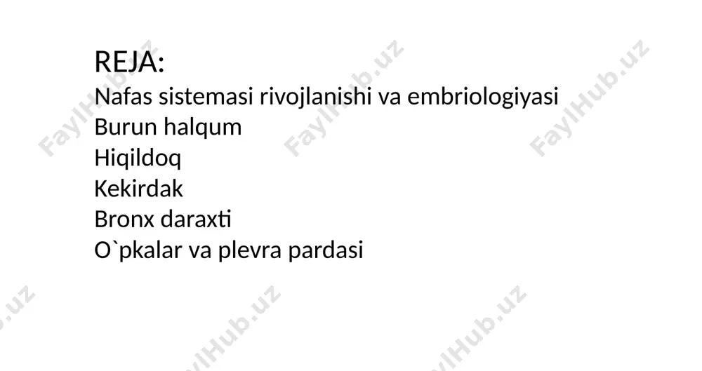 tlari shilliq fibroz-muskul,tog`ay adventitsial 1.shilliq qavat epiteliy eppiglottis va chin ovoz boylamida ko`p qavatli yassi muguzlanmaydigan epiteliydan iborat qolganlari kiprikli epiteliy xususiy plastinka elastik tolalar oqsil-shilliq bezlar limfoid follikulalar qon-tomir va nerv fibroz-muskul-tog`ay parda qalqonsimon va uzuksimon – gialin tog`ay epiglottis va mayda tog`aylar –elastik tog`ay adventitsial parda sirak tolali biriktiruvchi to`qima kollagen tolalar traxeya havoni hiqildoqdan bronxlarga o`tkazib beradi qavatlari shilliq qavat shilliq osti qavat fibroz tog`ay adventitsial qavat shilliq qavat shilliq qavat epiteliy va xususiy plastinkadan iborat epiteliy asosiy hujayralar ko`p qatorli prizmatik hilpillovchi epiteliy bazal hujayralar qadahsimon hujayralar qo`shimcha hujayralarr endokrinotsitlar langergans hujayralari kipriksiz m hujayralar tunica mucosa (5) • epiteliy – hilpillovchi • tela submucosa (6) 2. o’rta qavat • muskul (7) • fibroz (2) • tog’ay (3) 3. tunica adventitia bronx daraxti va o`pka pastki nafas yo`llari spetsifik hujayralari jiyakli hujayralar xemoretseptorlar shilliq so`rish qisman retseptor epiteliyni kambial elementlari klark hujayralar sekretor hujayralar detoksikatsiyaga qarshi …