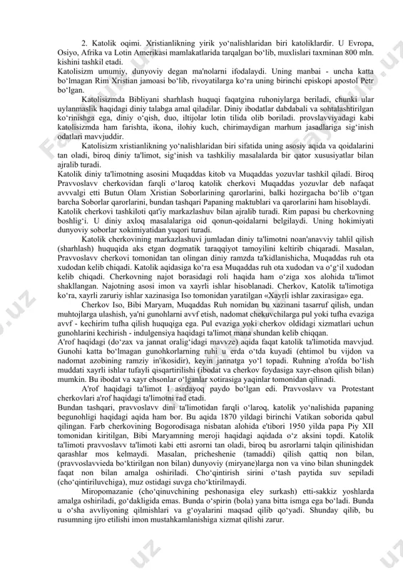 ojizlik qiladigan hodisadir, chunki uning ortida ulug‘ va qudratli yaratuvchining irodasi yashiringan. avvgustinning taqdir haqidagi ta'limotida aytilishicha, xudoga imon keltirgan har bir kishi najot topganlar safidan o‘rin egallashi mumkin. chunki imon taqdir taqozosidir. keyinchalik bu ta'limot xudoning mujassamlanishi yoki isoning ikki xil — odam va xudo mohiyati hamda ―gunohni yuvish, ya'ni isoning o‘zini ixtiyoriy tarzda qurbon kilishi haqidagi talimot bilan mustahkamlanadi. xristianlik ota-xudo, o‘g‘il—xudo va muqaddas ruh— uch yuzlik xudo (tripitiy) to‘g‘risidagi ta'limotni, jannat va do‘zax, oxirat, isoning qaytishi haqidagi va boshqa aqidalarni o‘z ichiga oladi. xristian jamoasining shakllanishi, aqidalarining tartibga solinishi, cherkov munosabatlarining ishlab chiqilishi, diniy tabaqalar tizimining vujudga kelishi milodning iv asri boshlarida, ya'ni 324 yili xristianlik rim imperiyasida davvlat dini deb e'lon qilinganidan so‘ng amalga oshirildi. 325 yili tarihda birinchi marta rim imperatori litsiniya imperiya hududidagi xristian jamoalarini o‘zaro kelishtirish va tartibga solish maqsadida nikeya shahrida 1-butun olam xristian soborini (o‘tkazilgan 21 sobordan birinchisi) chaqirdi. bu soborda …