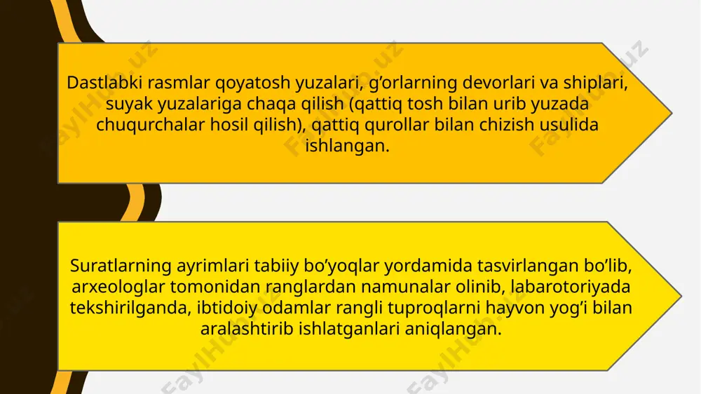 faqat chizmalar, balki arab yozuvida yozilgan va darveshlar hayotidan hikoya qiluvchi matnlarni ham oʻz ichiga oladi yahyo gʻulomovich gʻulomov sarmishsoy traktidagi qoyatosh rasmlarini tadqiq qilish 20-asr oʻrtalarida ya. gʻulomov boshchiligidagi maxandaryo otryadining ekspeditsiyasi bilan boshlangan . sarmishsoy tasvirlarini hujjatlashtirish mahalliy tadqiqotchilar j.kabirov va b.s.shalatoninlar tomonidan davom ettirilib, 1987-yildan boshlab bu boradagi tadqiqotlar arxeologiya instituti vakili muxiddin xuzanazarov tomonidan olib borildi. ekspeditsiyalar va uzoq muddatli tadqiqotlar materiallari asosida maqolalar va original kitoblar nashr etilgan . sarmishsoydagi petrogliflar 35 ta tematik obraz va syujetlarni opzida aks ettiradi. qoyatoshlarning qora yoki jigarrang sirtiga inson qiyofalari, ularning mehnat va ov qurollari, liboslari, maishiy buyumlari oʻyib ishlangan. ular bilan bir qatorda har xil yovvoyi hayvoblar surati ham tushirilgan boʻlib, ularning koʻpchiligi allaqachon qirilib ketgan yoki bugungi kunda oʻzbekiston hududida uchramaydi. hayvonlardan togʻ echkisi, arxar, qoʻtos, tuya, eshak, qulon, ibtidoiy davrdagi hoʻkiz, sigir, qulon tasvirlari, bundan tashqari geometrik shakllar asosida kompozitsiyalashgan gepard, qoplon, bars, sher, boʻri, …