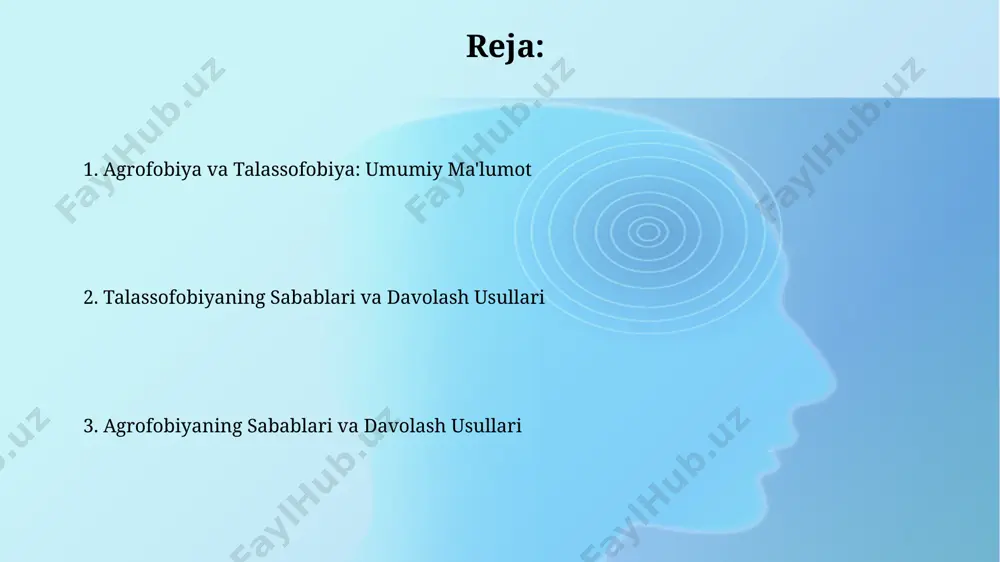 rqishadi. ularning 70% dan ortigʻi ochiq suv havzalariga borishdan qatʼiyan qochishadi. agrofobiyaning sabablari o'zbekistonning qishloq hududlarida yashovchi 1000 kishidan olingan so'rovnoma natijalariga ko'ra, agrofobiyaning rivojlanishida ijtimoiy izolyatsiya va stress omillarining yuqori darajasi aniqlangan. agrofobiyaning sabablari orasida 20-30 yosh oralig'idagi ayollarda genetik moyillik va bolalik davrida yuz bergan salbiy tajribalar, masalan, qishloq joylardagi 5 yoshida yuz bergan qo'rqinchli voqea, muhim rol o'ynaydi. agrofobiya va talassofobiya: kirish agrofobiya, ochiq maydonlardan qo'rqish, taxminan 10% kattalarni qamrab oladi va ko'pincha ijtimoiy izolyatsiyaga, xavotirga va hatto 20 dan ortiq yurak urishi tezlashuviga olib keladi. ushbu ikki fobiya, agrofobiya va talassofobiya, o'ziga xos qo'rquv ob'ektlariga ega bo'lsa-da, ikkalasi ham 30% gacha bo'lgan odamlarda umumiy tashvish va panika hujumlari bilan bog'liq. ushbu qo'rquvlarning oldini olish regulyar ravishda 30 daqiqali meditatsiya mashg'ulotlari, nafas olish texnikalari bilan birgalikda, xavotir va qo'rquvni boshqarishda 20% ga yaxshilanishga olib kelishi mumkin. agrofobiya va talassofobiyaning oldini olishda 5-10 seansli kognitiv-xulq terapiyasi (kxt) samarali …