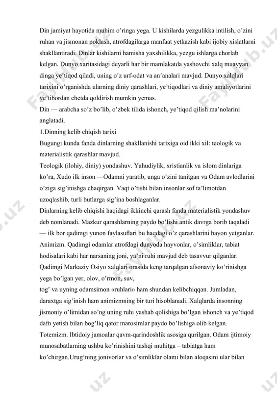 lishiga olib kelgan. totemizm. ibtidoiy jamoalar qavm-qarindoshlik asosiga qurilgan. odam ijtimoiy munosabatlarning ushbu koʼrinishini tashqi muhitga – tabiatga ham koʼchirgan.urugʼning jonivorlar va oʼsimliklar olami bilan aloqasini ular bilan qondoshlik alomati deb tushunilgan.1938-yili surxondaryo viloyati boysuntogʼ togʼlaridagi teshiktosh gʼoridan topilgan neandertal bola qabri hozirgi oʼzbekiston hududidagi totemizm yeʼtiqodiga aloqador yeng qadimiy yodgorliklardan biridir. bolani koʼmishdan avval uning atrofi togʼ yechkisi – arxarning shoxlari bilan oʼralgan, bu uning totem jonivor bilan bogʼliqligi toʼgʼrisidagi taxminni ilgari surish imkoniniberadi. fetishizm. zamonaviy dinlarda fetishizm tabarruk buyumlarni tavof qilish tarzida, jumladan, xristianlarda — xoch, ikonalar, mayitga sigʼinish, buddizmda –tabarruk oʼgʼir yoki hovoncha tarzida saqlanib qolgan.irim-sirimga ishonadigan odamlar orasida tumor baxt keltiradi, koʼzmunchoq yesa yomon koʼzdan asraydi, degan ishonch mavjud boʼlgan. afsuski, dini islom boʼlgan odamlar orasida ham shu kabi shirk boʼlgan irim-sirimlar saqlanib qolgan. taqa, tumor, boʼyin taqinchogʼi (kulon) kabi narsalar zamonaviy fetishlarga misol boʼladi. shamanizm (shomonlik). boshqa millatlarda boʼlgani singari, markaziy osiyo xalqlarida ham shamanizm …