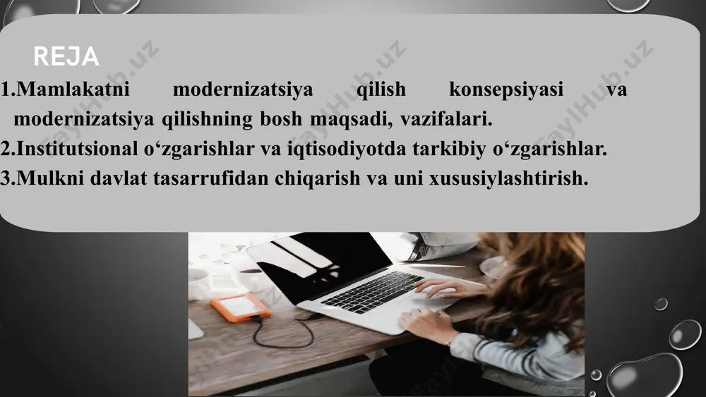 emokratlashganligi; siyosiy va huquqiy madaniyat darajasining yuqoriligi; umuminsoniy qadriyatlarni so‘zsiz qabul qilish. − yuqori texnologiyalarga asoslangan mahsulotlarni ishlab chiqarishni o‘zlashtirish; − ishlab chiqarish texnologiyalarini yangilash; − yaim tarkibida yuqori qo‘shilgan qiymatga ega bo‘lgan, shu jumladan yuqori texnologiyali tarmoqlar mahsulotlari ulushini oshirishga qaratilgan tarkibiy o‘zgarishlarni amalga oshirish; − kadrlarni tayyorlash va qayta tayyorlash, inson va intellektual kapitalni rivojlantirish; − jahonda bo‘layotgan innovatsion jarayonlarga qo‘shilish, boshqa mamlakatlarning yutuqlarini qo‘llash, ulardan foydalanish. modernizatsiya quyidagilarni ko‘zda tutadi: mazkur mamlakatni modernizatsiya va isloh etishning pirovard maqsadiga erishish uchun beshta strategik maqsadlar belgilangan: ijtimoiy yo‘naltirilgan bozor iqtisodiyotini bosqichma-bosqich shakllantirish, qudratli va tinimsiz rivojlanib boradigan, milliy boylikning ortishini, kishilar hayoti va faoliyati uchun zarur shart - sharoitlarni ta’minlaydigan iqtisodiy tizimni barpo etish. ko‘p ukladli iqtisodiyotni yaratish, insonning mulkdan mahrum bo‘lishiga barham berish, tashabbuskorlik va uddaburonlikni butun choralar bilan rivojlantirish negizi bo‘lgan xususiy mulkning davlat tomonidan himoya qilinishini ta’minlash. 1 2 3 4 5 6 7 8 9 …