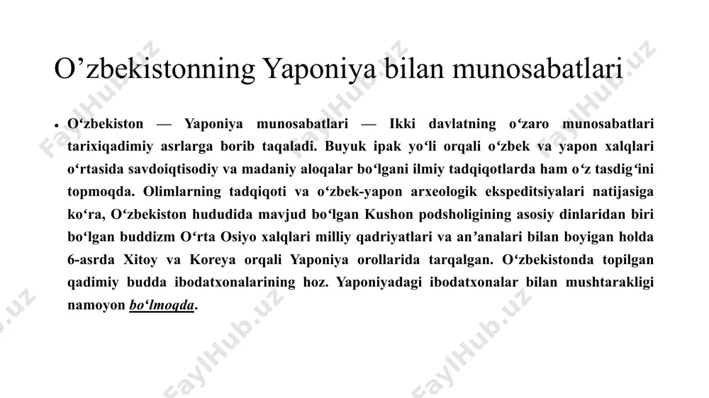 nlari boʻyicha samarali hamkorlik amalga oshirildi. 1991-yil yaponiya oʻzbekiston respublikasi mustaqilligini tan olib, 1992-yil diplomatiya munosabatlari oʻrnatgach, 1992-yilda yaponiyaning toshkentdagi elchixonasi, 1996-yilda esa oʻzbekiston respublikasining elchixonasi tokio shahrida oʻz faoliyatini boshladi. ikki mamlakat oʻrtasida teng huquqli aloqalar oʻrnatildi oʻtgan 14 yil mobaynida ikki davlat oʻrtasida koʻplab rasmiy hujjatlar imzolandi. shu davr davomida oʻzbekiston respublikasi prezidenti islom karimov 2-marta (1994, 2002) rasmiy tashrif bilan yaponiyada boʻldi oʻzbekiston respublikasi prezidenti islom karimovning 1994-yilning mayida yaponiyaga qilgan birinchi tashrifi oʻzaro siyosiy muloqotni faollashtirdi. ikki mamlakat oʻrtasidagi hamkorlikni yangi bosqichga koʻtarishda oʻzbekiston respublikasi prezidenti islom karimovning2002-yil 28—31-mayida yaponiyaga qilgan ikkinchi rasmiy tashrifi muhim rol oʻynadi. 4 o’zbekistonning janubiy koreya bilan munosabatlari 1991-yil 30-dekabrda osiyo – tinch okean mintaqasi davlatlari orasida birinchi boʻlib oʻzbekiston respublikasi mustaqilligini tan oldi. oʻzbekiston bilan kr oʻrtasida. 1992-yil yanvarda diplomatiya munosabatlari oʻrnatilgandan keyin siyosiy, iqtisodiy va madaniy sohalarda keng hamkorlik aloqalari yoʻlga qoʻyildi. mamlakatimiz rahbari islom karimovning 1992, 1995, 1999-yillarda …