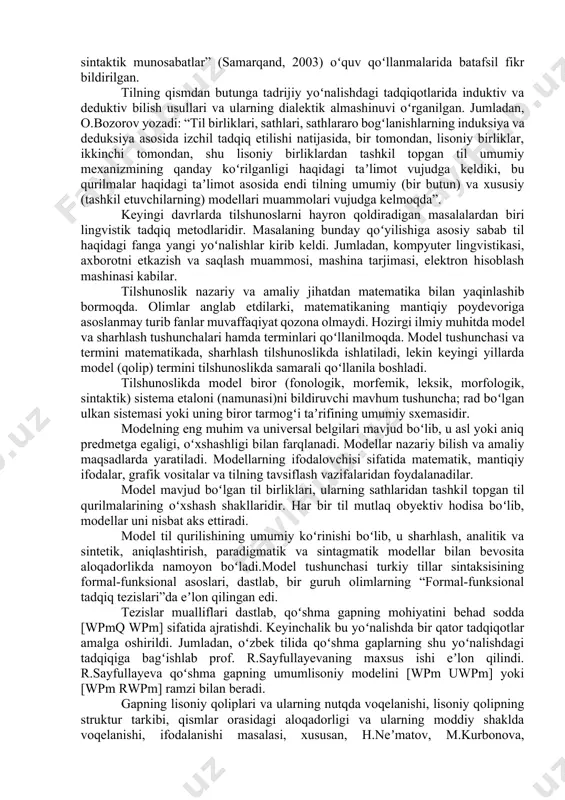 kzodning kitobi”, “qissani oʻqimoq”, “temir qoshiq” kabi konkret, leksik toʻldirilgan sintaktik hosilalar beriladi. shunday sintaktik hosilalar til va nutq, apradigmatik va sintagmatik munosabatlar kabi sistemaviy tahlil usullari asosida tadqiq etilgan. bu yoʻnalish sintaktik tahlil birliklarining oʻzini til-nutq boʻlinish nuqtai nazaridan qayta koʻrib chiqmaydi. “oʻzbek tili grammatikasi”. 2 tomlik (toshkent, 1976), a.gʻulomov va m.asqarovalarning “hozirgi oʻzbek adabiy tili.sintaksis” (toshkent, 1965,1987), g.abdurahmonov, a.sulaymonov, x.xoliyorov, a.omonturdiyevlarning “hozirgi oʻzbek adabiy tili” (toshkent, 1990,2001), b.oʻrinboyevning “hozirgi oʻzbek adabiy tili. sintaksis” (samarqand, 2006) kabi darslik va qoʻllanmalarining chiqishi buning dalilidir. ikkinchi guruhga oʻzbek morfologiyasini substansial, formal-funktsional oʻrganishga, morfologik shaklni maʼnaviy va sintaktik xususiyatlar majmuasi sifatida tahlil etishga bagʻishlangan tadqiqotlardan oʻsib chiqqan sistemaviy sintaktik talqinga oid ishlarni kiritish lozim. bu yoʻnalishning tahlil asoslari h.neʼmatov, k.m.abdullaev, v.n.binaru, n.maxmudov, d.a.muxammedova, a.nurmonovlarning “struktura predlojeniya aktualnoʻe voprosoʻ sintaksisa tyurkskix yazoʻkov” (sovetskaya tyurkologiya. 1984, № 5, s. 3-10), r.sayfullayevaning “hozirgi oʻzbek adabiy tilida qoʻshma gaplarning formal-funktsional tadqiqi” (toshkent, 1994), a.nurmonov, na.axmedov, s.solixoʻjaevalarning …