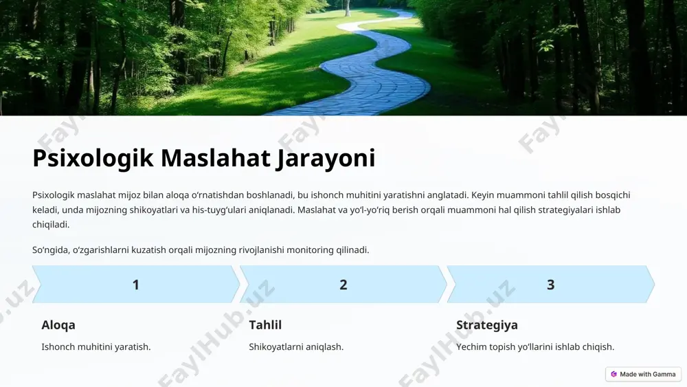 ish. * psixologik treninglar stressni boshqarish stress bilan kurashishga o‘rgatish. o‘z-o‘zini anglash ishonchni oshirishga yordam berish. xulq-atvorni o‘zgartirish salbiy xulq-atvorni o‘zgartirish. * stressni boshqarish treningi nafas olish mashqlari diafragma orqali nafas olish texnikasi. muskul relaksatsiya mushaklarni bo‘shashtirish orqali stressni kamaytirish. vizualizatsiya xotirjam joyda tasavvur qilish. * konfliktlarni boshqarish treningi "men-xabarlari" o‘z his-tuyg‘ularini to‘g‘ri ifodalash. empatiya mashqlari boshqa odamning nuqtai nazaridan qarash. * jamoada ishlash treningi rolli o‘yinlar turli vaziyatlarda o‘zini tutishni mashq qilish. 1 ochiq savollar interaktiv muloqotni rivojlantirish. 2 * xulosa konsultant mijozning ehtiyojiga mos metodlarni tanlashi kerak. faol tinglash, cbt, stressni kamaytirish mashqlari muhim. o‘z-o‘zini anglash va kommunikatsiya treninglari ham zarur. * psixologik muammo psixologik muammo nima? bugungi kunda psixologik muammoni xarakterlovchi 3ta belgi hisobga olinadi: bugungi kunda psixologik muammolar turlicha bo’lib, ular asosan quyidagi masalalarni o’z ichiga oladi psixologik travmalar va yo’qotishlar n.i.kazlov modeliga ko’ra muammolar sababi 3 ga ajratiladi psixologik maktablar foster va guy konsultant shaxsiga …