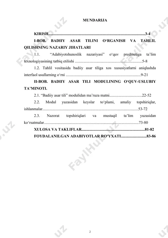 da, o‘quv topshiriqlarini bajarish jarayonida olingan bilimlarni qo‘llash ko‘nikmalarini shakllantirish bo‘yicha (muammoli seminar), bilim va ko‘nikmalarni chuqurlashtirish va kengaytirish bo‘yicha, shuningdek, shaxsiy rivojlanish malakasini takomillashtirish bo‘yicha seminarlarda foydalanilishi mumkin. bitiruv loyiha ishining maqsadi. mazkur modulni o‘qitishning asosiy maqsadi – badiiy asar tilini tahlil qilish uchun yo‘llanma berish, badiiy matnni turli metodlar asosida har tomonlama ilmiy-estetik tahlil qilish, badiiy asar tili bilan shug‘ullanish, unga xos xususiyatlarni o‘rganish, asar strukturasida tilning tutgan o‘rnini aniqlash, nafaqat ilmiy, balki ma’naviy-axloqiy yumush ekanini belgilash. bitiruv loyiha ishi maqsadidan kelib chiqib quyidagi vazifalar belgilab olindi: - badiiy asarni tahlil qilish yo‘llarini belgilash; - adabiy ta’limni amaliyot bilan bog‘lash; - asar tili tahlilida adabiy turga xos xususiyatlarni hisobga olish; - nasriy, nazmiy va dramatik tur xususiyatlarini farqlash; - badiiy asarlarni turli metodlar asosida tahlil qilishni tushuntirish; -jahon adabiyotshunosligidagi tahlil metodlari bilan tanishtirish; -talabaga san’at asarlarini his qilishni o‘rgatish. bitiruv loyiha ishining ob’yektini alisher navoiy nomidagi o‘zbek tili …