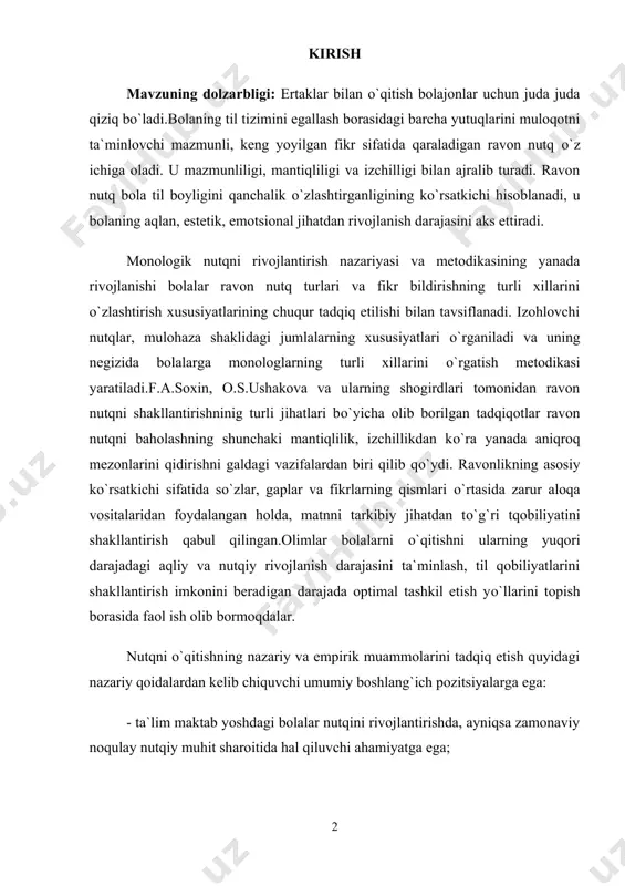 mezonlarini qidirishni galdagi vazifalardan biri qilib qо`ydi. ravonlikning asosiy kо`rsatkichi sifatida sо`zlar, gaplar va fikrlarning qismlari о`rtasida zarur aloqa vositalaridan foydalangan holda, matnni tarkibiy jihatdan tо`g`ri tqobiliyatini shakllantirish qabul qilingan.olimlar bolalarni о`qitishni ularning yuqori darajadagi aqliy va nutqiy rivojlanish darajasini ta`minlash, til qobiliyatlarini shakllantirish imkonini beradigan darajada optimal tashkil etish yо`llarini topish borasida faol ish olib bormoqdalar. nutqni о`qitishning nazariy va empirik muammolarini tadqiq etish quyidagi nazariy qoidalardan kelib chiquvchi umumiy boshlang`ich pozitsiyalarga ega: - ta`lim maktab yoshdagi bolalar nutqini rivojlantirishda, ayniqsa zamonaviy noqulay nutqiy muhit sharoitida hal qiluvchi ahamiyatga ega; - nutqni о`rgatish – «…dan to …gacha» kabi qattiq qoliplar tо`g`ri kelmaydigan hamda nutqni rivojlantirishning yosh qonuniyatlari va bolaning individual xususiyatlari bilan belgilanadigan ijodiy jarayondir; - nutqni rivojlantirishning asosida kommunikativ yondashuv bо`lishi kerak, xususan: ona tilini о`zlashtirish nutqiy muloqot faoliyatiga qо`shilishi, о`quv sharoiti tabiiy muloqot sharoitlariga yaqinlashtirilishi lozim; - о`qitish vaziyatida katta yoshli odamning bola bilan о`zaro hamkorligining xususiyati …