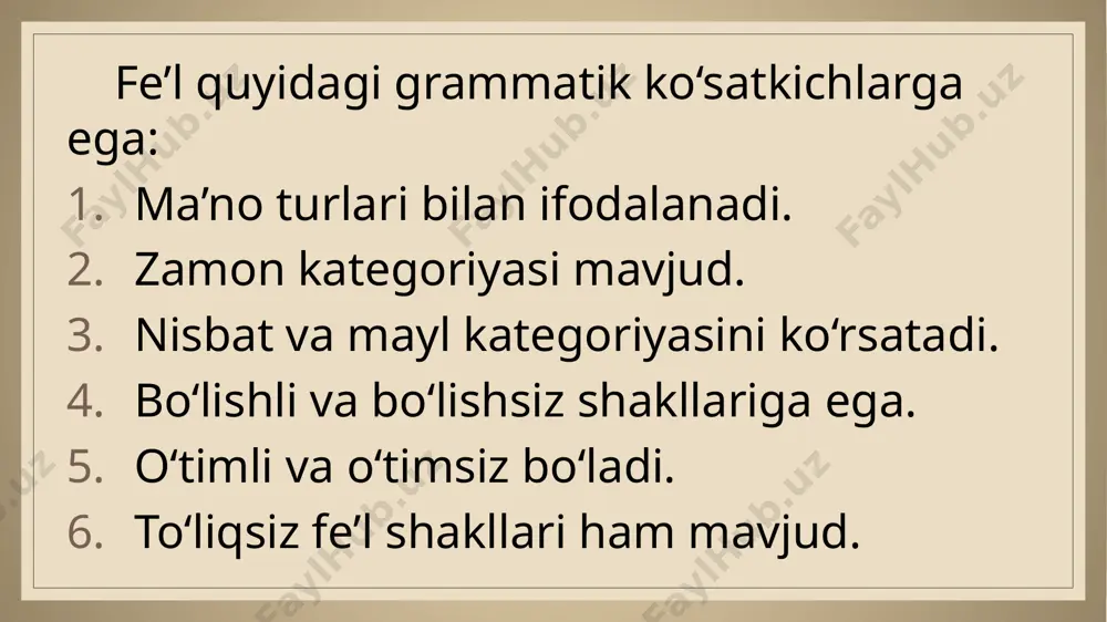 e‘lning shart mayli qo‘shimchasi –sa va yaqin o‘tgan zamon qo‘shimchasi – di affikslaridan keyin keladi: birlik ko`plik i shaxs keldim keldik ii shaxs kelding keldingiz iii shaxs keldi keldi(-lar) 2-shakl qolgan barcha zamon qo‘shimchalaridan keyin keladi: birlik ko‘plik i shaxs kelganman kelganmiz ii shaxs kelgansan kelgansiz iii shaxs kelgan kelgan (-lar) 3- shakl. bu shakldan buyruq- istak maylini hosil qilishda ham foydalaniladi. birlik ko`plik i shaxs boray boraylik ii shaxs bor(gin) boring(iz) iii shaxs borsin borishsin xulosa demak, fe’l so‘z turkumi eng katta mavzulardan biri bo‘lib, gap hosil qilishda va gapdagi asosiy hukmni berishda muhim ahamiyat kasb etadi. fe’lning grammatik ko‘rsatkichlari bir nechta bo‘lib, ularsiz lingvistika fanini tasavvur qilib bo‘lmaydi. e’tiboringiz uchun rahmat image2.jpeg image3.jpeg /docprops/thumbnail.jpeg