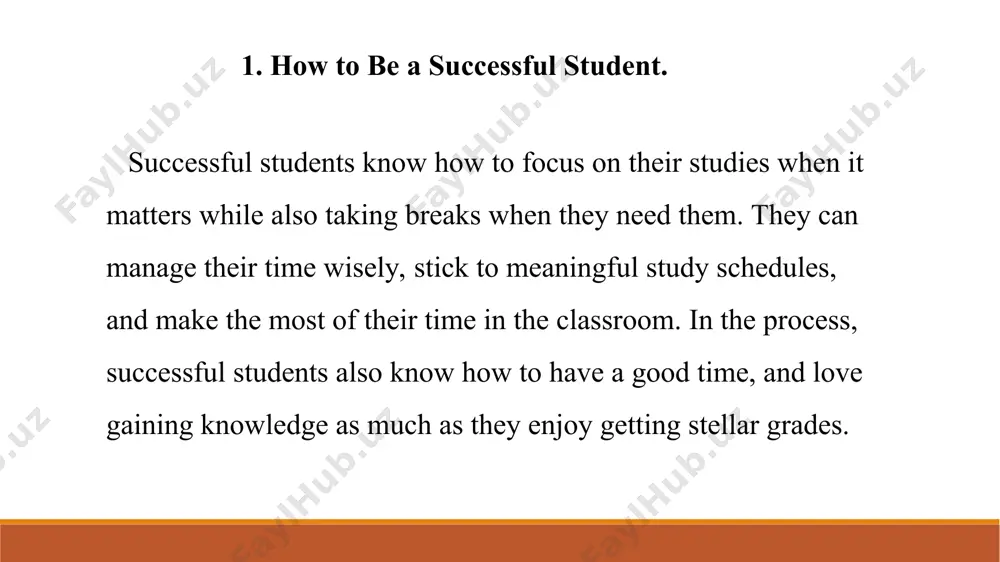 ther, neighbor, or lab partner does in school because they know that in the end, all that matters is their own success. if you get too bogged down in what other people are doing, then you’re bound to be disappointed in yourself or to become so competitive that your mind gets poisoned. learn to brush the others aside and to focus on doing the best that you can do. don't compare yourself with anyone. with this, you are insulting yourself. 2.6. work on making incremental progress. if you want to be a successful student, then you shouldn’t aim to go from a “c” to an “a” average. instead, you should work on going to a “c+” and then a “b-,” and so on, so your progress is manageable and so you don’t get disappointed. successful students know that it’s hard to improve by leaps and bounds and focus on the …