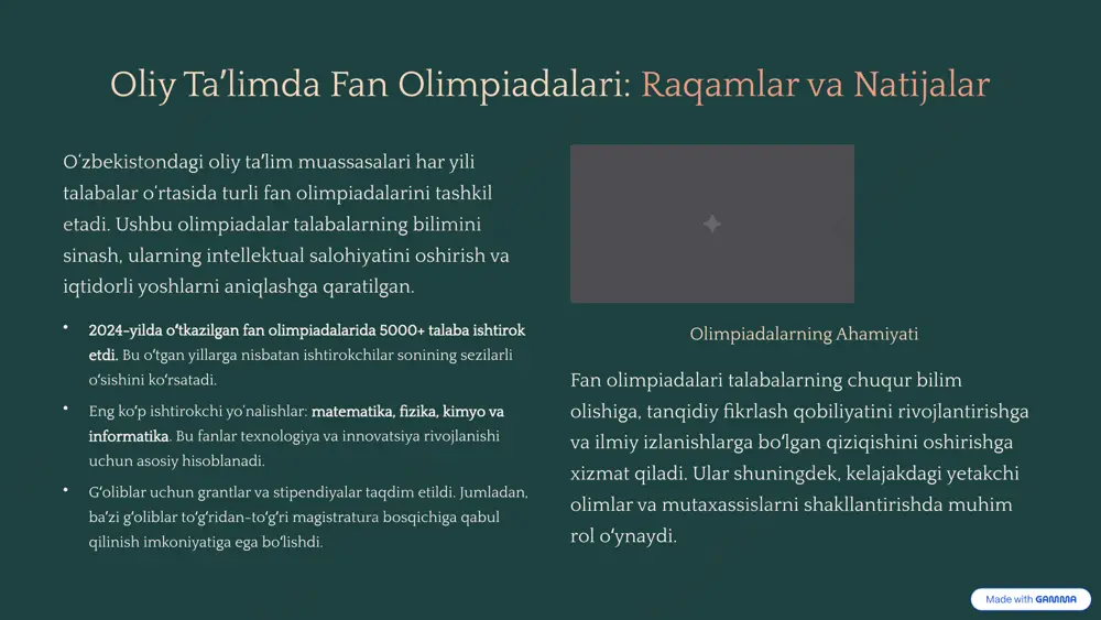 kchilar sonini koʻrsatadi. har bir tanlov oʻziga xos yoʻnalishda iqtidorli yoshlarni qoʻllab-quvvatlashga qaratilgan boʻlib, ularning amaliy koʻnikmalarini rivojlantirishga hissa qoʻshmoqda. 7 muvaffaqiyat hikoyalari: nomdor stipendiyalar soʻrab olingan yoshlardan munojat yoʻlchiyeva stipendiyasi sohibasi yunus rajabiy nomidagi o‘zbek milliy musiqa san’ati institutining magistratura talabasi dilnoza axmedova munojat yo‘lchiyeva stipendiyasi sohibasi boʻldi. u nafaqat darslarda aʼlo baholarga oʻqibgina qolmay, balki xalqaro musiqa festivallarida ham oʻzbekiston sharafini munosib himoya qilmoqda. uning ijodiy faoliyati yoshlarga namuna boʻlmoqda. fan olimpiadasi gʻolibi toshkent axborot texnologiyalari universitetining 3-kurs talabasi azizbek olimjonov respublika miqyosidagi informatika olimpiadasida gʻolib boʻlib, xalqaro dasturlash tanlovida kumush medalni qoʻlga kiritdi. uning muvaffaqiyati nafaqat shaxsiy yutugʻi, balki mamlakatimizning texnologik salohiyatining oʻsishini ham aks ettiradi. tanlovlarda qatnashgan yoshlar "innovatsion gʻoyalar" tanlovi gʻolibi, toshkent davlat texnika universiteti jamoasi "aqlli shahar" konsepsiyasini ishlab chiqib, uni real loyihaga aylantirish boʻyicha dastlabki investitsiyalarni jalb qildi. bu loyiha shaharning transport tizimi va ekologik holatini yaxshilashga qaratilgan. bu kabi hikoyalar nomdor stipendiyalar …