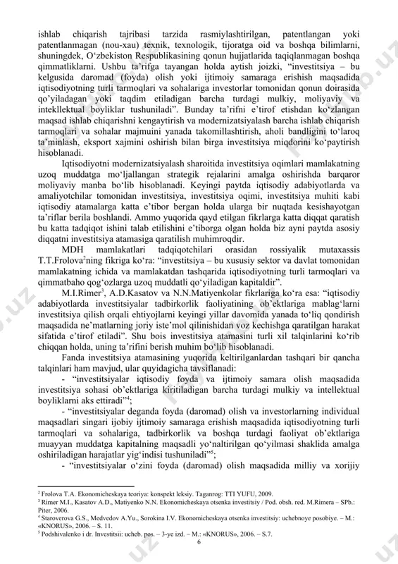 fan hisoblanadi. mazkur dasturni amalga oshirish uchun talabalar o‘quv rejasida rejalashtirilgan “moliya”, “xalqaro moliya munosabatlari”, “moliya bozori”, “soliqlar va soliqqa tortish”, “sug‘urta ishi” fanlaridan bilim va ko‘nikmalarga ega bo‘lishi talab etiladi. “investitsiya va innovatsiyalar” fanining ishlab chiqarishdagi o‘rni aynan investitsiyalarni amalga oshirish uchun maqbul loyihalarni tanlab olish, ularni moliyalashtirishning optimal variantlarini ishlab chiqish, loyihani amalga oshirish bilan bog‘liq risklarni boshqarishda namoyon bo‘ladi. shu bilan birgalikda iqtisodiyotni modernizatsiyalash sharoitida har qanday mulk shaklida xo‘jalik yurituvchi subektning investitsiya resurslariga bo‘lgan ehtiyojining ortib borishi mazkur fanning ishlab chiqarishda katta ahamiyatga ega ekanligini ko‘rsatadi. 2 – savol bayoni. o‘zbekiston iqtisodiyotini rivojlantirishning o‘ziga xos yo‘nalishini belgilab olishda investitsiyalarning o‘rnini beqiyosligi investitsiyaning barqaror rivojlantirishdagi rolini oshirish masalasini ilmiy asosda tadqiq qilgan holda o‘rganish zaruriyatini yuzaga keltiradi. investitsiyani mamlakat iqtisodiyotini barqaror rivojlantirishdagi rolini oshirish bilan bog‘liq bo‘lgan muammolari aniqlashdi va ularni hal qilishga qaratilgan ilmiy takliflar ishlab chiqish, shu orqali investitsiyani iqtisodiy-ijtimoiy mazmunini va mohiyatini har tomonlama …