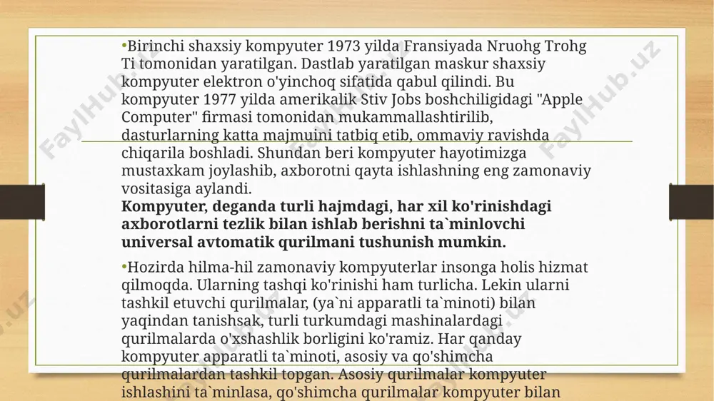 chunki, tezkor xotira qurilmasida saqlanib turgan ma`lumotlar kompyuterlar elektr manba`dan uzilganda yoki qayta yuklangan vaqtda o'chib ketadi. registr - ma`lumotlarni ikkilik shaklida vaqtinchalik saqlab turish uchun mo'ljallangan qurilma. har bir registr o'z navbatida triggerlardan tashkil topadi. trigger mitti kondensator bo'lib, u elektr toki bilan zaryadlangan holda - "1", zaryadlanmagan holatda "0" ni ifodalaydi. registrdagi triggerlarning miqdori kompyuterning necha razryadli ekanini belgilaydi. registrlar uyachalar (yacheykalar) deb ham yuritiladi. uyachalarning har bir razryadida bir bit axborot joylashadi, ya`ni 0 yoki 1. 8 bit axborot birlashganda 1 bayt miqdordagi axborotni hosil qiladi. har bir bayt o'z tartib raqamiga, ya`ni adresiga ega bo'ladi. uyachaning sig'imi mashina so'zi uzunligini belgilab beradi. mashina so'zining uzunligi baytlarda o'lchanadi. mashina so'zining uzunligi 2, 4, 8 baytga teng bo'lishi mumkin. demak, ketma-ket joylashgan ikki, to'rt yoki sakkiz bayt birlashib bitta mashina so'zini tashkil etishi mumkin ekan. har bir xotira uyachasi ham o'z adresiga ega, u esa shu uyachadagi boshlang'ich …