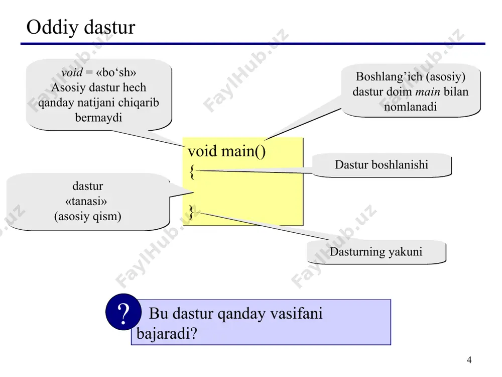 int x = 1.7+1.8; int y = (int)1.7+(int)1.8; бу амаллар бажарилиши натижасида x ўзгарувчи қиймати 3 га y ўзгарувчи қиймати 2 тенг бўлади. int a = 1/3; //0 float a = 1.7+1.8; float b = (float)1/3; 0.333333333 * ўзгарувчиларни дастурнинг ихтиёрий қисмида қайта таърифлаш мумкин. мисол учун: int a, b1, ac; ёки int a; int b1; int ac; ўзгарувчилар таърифланганда уларнинг қийматлари аниқланмаган бўлади. лекин ўзгарувчиларни таърифлашда инициализация яъни бошланғич қийматларини кўрсатиш мумкин. мисол учун: int i = 0; char c = ’k’; ўзгарувчиларни эълон қилиш ва қиймат бериш * typedef таърифловчиси янги типларни киритишга имкон беради. мисол учун янги cod типини киритиш: typedef unsigned char cod; cod simbol; янги тип киритиш * #include - c tilida kiritish/chiqarish. #include - c++ tilida kiritish / chiqarish #include - standart funksiyalar uchun #include - kiritish/chiqarishni nazorat qilish #include - qator tipli o’zgaruvchilar bilan ishlash #include - standart kutubxona filelarini chaqirish # include …