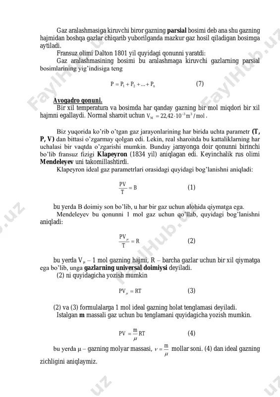 iborat. biz mexanika bo’limida ilgarilama harakat kinetik energiyasini ko’rib chiqqan edik. aylanma harakat kinetik energiyasi esa molekulaning erkinlik darajasining soniga bog’liq. jismning fazodagi vaziyatini aniqlovchi erkin koordinatalari soni i ga shu jismning erkinlik darajasining soni deyiladi. agar jism fazoda mutlaqo erkin harakat qilayotgan bo’lsa, uning 3 ta ilgarilama va 3 ta aylanma harakatga doir, hammasi bo’lib 6 ta erkinlik darajasi bo’ladi. 1) agar molekula 1 atomli bo’lsa (masalan neon, argon) i=3 bo’ladi. bularning hammasi ilgarilama harakatga tegishlidir. 2) agar molekula 2 atomli bo’lsa (masalan kislorod, vodorod, azot) i=5 bo’ladi. (uchta ilgarilama va ikkita aylanma harakatga doir) 3) agar molekula 3 atomli bo’lsa (masalan azon, karbonat angidrid) i=6 bo’ladi. (uchta ilgarilama va uchta aylanma harakatga doir) boltsman teoremasi: molekulaning har bir erkinlik darajasiga o’rtacha bir xil energiya to’g’ri keladi. kte 2 1  (1) bu yerda k – boltsman doimiysi. gradjk /1038,1 23 agar molekulaning erkinlik darajasining soni i bo’lsa kt …