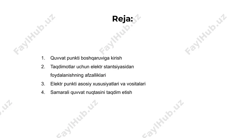 ya va ishtirok etishni kuchaytiradi. 01 02 03 slaydning tartibi variantlari, matnni formatlash vositalari va rasmlarni tahrirlash xususiyatlari professional ko'rinishga ega slaydlarni yaratishda yordam beradi. o'rnatilgan andozalar va mavzular vaqtni tejash va taqdimotlarga vizual tarzda murojaat qilish. powerpoint-ning hamkorlik vositalari jamoa a'zolarini taqdimotlarda bir vaqtning o'zida ishlashga imkon beradi, ular bir vaqtning o'zida, slaydlarni yaratishni va tahrirlashni osonlashtiradi. umumiy almashish va sharhlar taqdimotni yaratish jarayonida aloqa va fikr-mulohazalarni tartibga soladi. samarali quvvat nuqtasini taqdim etish venus is the second planet from the sun mercury is the closest planet to the sun jupiter is the biggest planet of them all 1 2 3 quvvat punktida vizual murojaatni kuchaytirish bo'yicha maslahatlar quvvat punkti taqdimotida vizual murojaatni kuchaytirish uchun bir xil ko'rinishga muvofiq rang sxemasi va shrift uslubidan foydalanib ko'ring. tarkibni vizual ravishda jalb qilish uchun yuqori sifatli tasvirlar va grafikalardan foydalaning. tomoshabinlarni qo'llab-quvvatlash va asosiy fikrlarni ta'kidlash uchun animatsiyalar va o'tishni strategiklashtiring. …