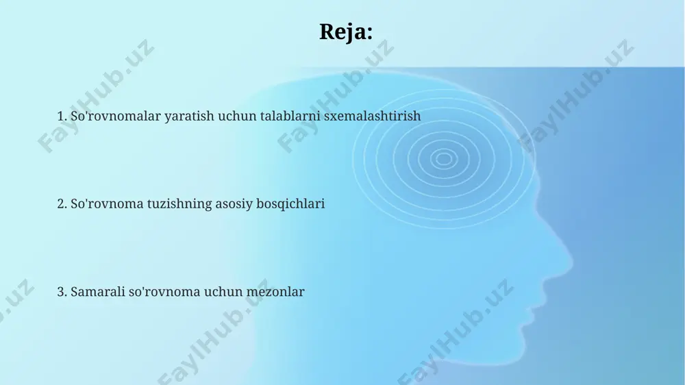 noma dizaynida kamida 5 ta demografik savol (yosh, jinsi, joylashuv – toshkent shahri misolida, ta’lim darajasi va boshqalar) kiritish maqsadga muvofiq, bu sizga respondentlar to’g’risida 20% ko’proq ma’lumot olish imkonini beradi. hisobot tuzish va natijalarni taqdim etish toshkent shahridagi 1000 nafar ishtirokchi bilan o‘tkazilgan so‘rovnoma shuni ko‘rsatdiki, 75% javob beruvchilar mobil ilovalardan foydalanishni afzal ko‘rishadi. samarqanddagi 500 talaba orasida o‘tkazilgan so‘rovnoma natijalarini taqdim etishda, respondentlarning 30%i onlayn ta’limga ijobiy munosabatda ekanligini ko‘rsatdik. farg‘ona viloyatida 250 kishi ishtirok etgan so‘rovnoma natijalari shuni tasdiqladiki, 60% javob beruvchilar yangi mahsulot haqida ijtimoiy tarmoqlardan xabardor bo‘lishgan. so'rovnomalar yaratish uchun talablarni aniqlash toshkent shahridagi 18-25 yoshdagi yoshlar orasida o'tkaziladigan so'rovnoma uchun, demografik ma'lumotlar (jinsi, yoshi), shuningdek, 3 tadan ortiq ochiq turdagi savollar qo'shilmasligi kerak. so'rovnomaning maqsadi aniq belgilanishi, kamida 3 ta asosiy gipotezani o'z ichiga olishi va natijalarni 2 hafta ichida tahlil qilish rejalashtirilishi zarur. samarali so'rovnomalar yaratish uchun kamida 50 respondentdan iborat namunaviy guruhlardan …
