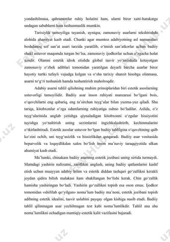 uyg‘usizlik va hissizlikdan qutqaradi. badiiy asar vositasida beparvolik va loqaydlikdan xalos bo‘lish inson ma’naviy taraqqiyotida ulkan ahamiyat kasb etadi. ma’lumki, chinakam badiiy asarning estetik jozibasi uning sirtida turmaydi. matndagi yashirin nafosatni, zariflikni anglash, uning badiiy qatlamlarini kashf etish uchun muayyan adabiy bilim va estetik diddan tashqari go‘zallikni kerakli joydan qidira bilish malakasi ham shakllangan bo‘lishi kerak. chin go‘zallik hamisha yashiringan bo‘ladi. yashirin go‘zallikni topish esa oson emas. ijodkor tomonidan «shifrlab qo‘yilgan» noma’lum badiiy ma’noni, estetik jozibani topish adibning estetik idealini, tasvir uslubini payqay olgan kishiga nasib etadi. badiiy tahlil qilinmagan asar yechilmagan test kabi noma’lumlikdir. tahlil ana shu noma’lumlikni ochadigan mantiqiy-estetik kalit vazifasini bajaradi. tahlilda estetik asoslarga yetarli e’tibor bermaslik asl san’at asarlarini yo‘qqa chiqarishi mumkin. hazrat navoiyning «lolazor ermaski, ohimdin jahonga tushdi o‘t, yo‘q shafaqkim, bir qiroqdin osmonga tushdi o‘t», matlasi bilan boshlanadigan g‘azaliga faqat mantiqiy tushunchalar asosida yondashgan kishi undan o‘ta chuqur ma’no topolmasligi mumkin. bu satrlar yuksak …