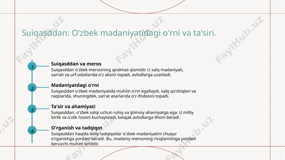 tni rivojlantiradi. 2 zamonaviy tadqiqotlar va o'qitish bugungi kunda suiqasddan zamonaviy ilmiy tadqiqotlar va innovatsion o'qitish usullari orqali o'rganilib, madaniy merosni saqlash va rivojlantirishga yordam beradi. 3 an'analar va zamonaviylik aloqasi suiqasddan an'analari o'zbek tarixida muhim o'rin egallaydi, zamonaviy kontekstda talqin qilinishi esa madaniyatlar o'rtasidagi integratsiyani kuchaytiradi. foydalanilgan adabiyotlar 1. jumaniyozov a. suiqasddan va uning madaniyatdagi o'rni. o'zbekiston milliy universiteti, 2021 2. khamidov d. suiqasddan: merosi va ahamiyati. tashkent state institute of culture, 2020 3. mansurov b. suiqasddan va madaniyat: ilmiy tadqiqotlar. journal of uzbek studies, 2022 4. abdullaeva n. suiqasddan va zamonaviy san'at: yangi yondashuvlar. o'zbekiston san'at akademiyasi, 2023 5. saidov r. suiqasddan va uning ta'siri: tarixiy va madaniy kontekst. o'zbekiston tarixi, 2019 e'tiboringiz uchun rahmat! /docprops/thumbnail.jpeg