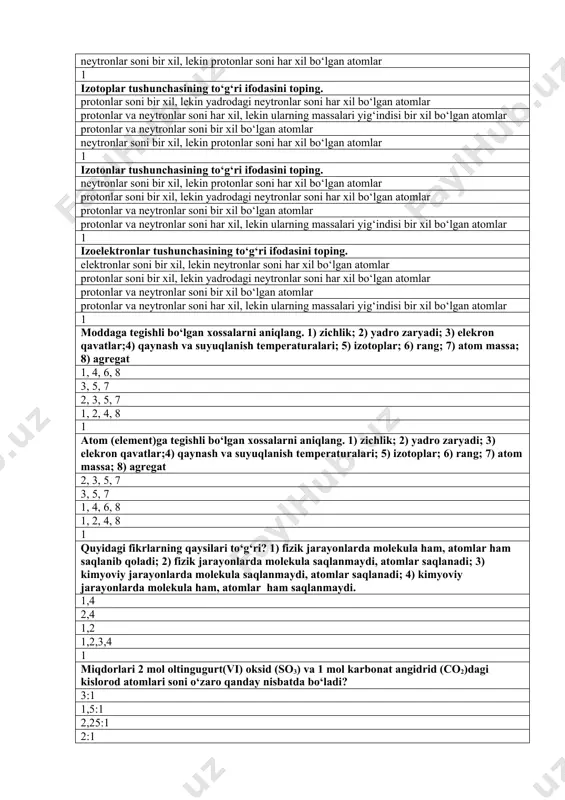 ropik shakllarga ega emas? 1) kislorod; 2) vodorod; 3) ftor 4) azot; 5) uglerod. 2, 3, 4 1, 2 2, 3 1, 5 1 quyidagilarning qaysilari fizikaviy hodisa? 1) mis idishning havoda qorayishi 2) suvning muzlashi 3) kislotaga asos ta’sir ettirish 4) qumni sement bilan aralashtirish 5) havoni sovutib kislorod olish 6) metallning havoda oksidlanishi 2, 4, 5 1, 2, 3 4, 5, 6 1, 3, 6 1 quyidagilarning qaysilari kimyoviy hodisa? 1) mis idishning havoda qorayishi 2) suvning muzlashi 3) kislotaga asos ta’sir ettirish 4) qumni sement bilan aralashtirish 5) havoni sovutib kislorod olish 6) metallning havoda oksidlanishi 1, 3, 6 1, 2, 3 4, 5, 6 2, 4, 5 1 "atom" tushunchasini qaysi tavsif to`laroq talqin etadi? musbat zaryadlangan yadro bilan bir yoki bir necha elektronlardan tashkil topgan elektroneytral zarracha moddaning fizik xossalarini o’zida mujjasamlashtirgan eng kichik zarracha jismning tarkibiy qismi bir necha oddiy moddalardan tashkil topgan hodisa …