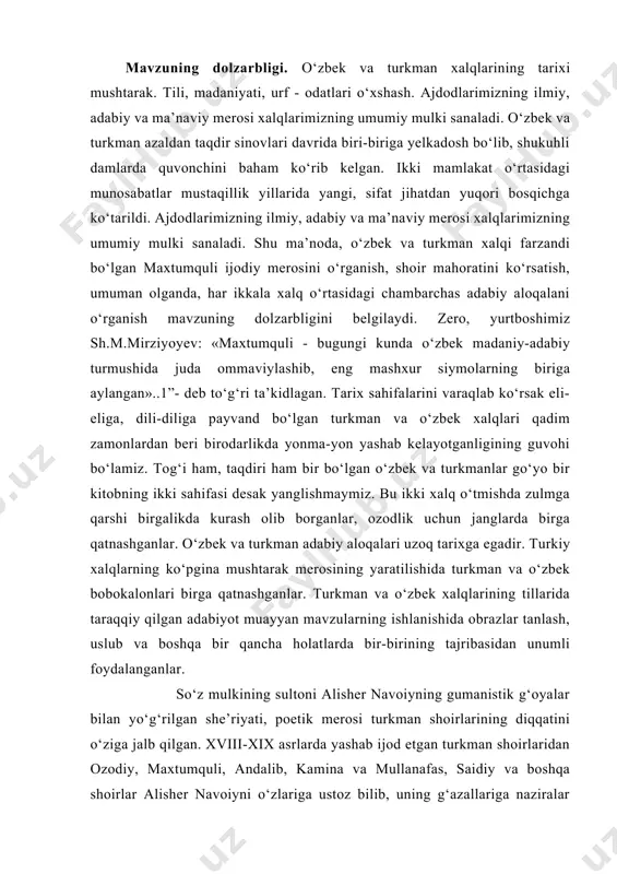 llarida taraqqiy qilgan adabiyot muayyan mavzularning ishlanishida obrazlar tanlash, uslub va boshqa bir qancha holatlarda bir-birining tajribasidan unumli foydalanganlar. so‘z mulkining sultoni alisher navoiyning gumanistik g‘oyalar bilan yo‘g‘rilgan she’riyati, poetik merosi turkman shoirlarining diqqatini o‘ziga jalb qilgan. xviii-xix asrlarda yashab ijod etgan turkman shoirlaridan ozodiy, maxtumquli, andalib, kamina va mullanafas, saidiy va boshqa shoirlar alisher navoiyni o‘zlariga ustoz bilib, uning g‘azallariga naziralar yozganlar, muhammaslar bog‘laganlar. navoiy turkman shoirlarining ham ma’naviy ustozi hisoblanib, turkman xalqining eski yozma adabiyoti taraqqiyotiga juda katta ta’sir ko‘rsatgan. so‘nggi yillarda o‘zbekiston va turkmaniston davlatlari o‘rtasida o‘rnatilgan ijtimoiy-iqtisodiy, madaniy sohalardagi hamkorliklarda ibratli tadbirlar ko‘zga tashlanmoqda. o‘zbekiston prezidenti, hurmatli sh.mirziyoyevning turkmanistonda bir necha marta davlat tashrifi bilan bo‘lishi, turkmaniston prezidentining bir necha bor o‘zbekistonga davlat tashrifi bilan kelgani va har ikki tomon o‘rtasida xalqlarimizning ijtimoiy-iqtisodiy manfaatiga xizmat qiladigan bir qator hujjatlarning imzolangani madaniyatimiz va adabiy aloqalarning yanada mustahkamlanishida alohida ahamiyat kasb etdi. bu siyosiy tadbir, jumladan, adabiyotlarimiz do‘stligi …