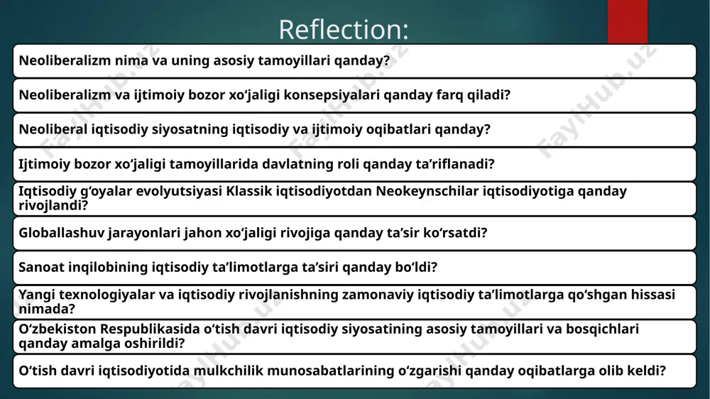 shi raqib, deb hisoblaydi. neoliberalizm konsepsiyasining asosiy xususiyatlari erkin bozorni asosiy iqtisodiy boshqaruv mexanizmi sifatida qabul qilish. xususiy mulk huquqining ustuvorligi. xalqaro savdoni liberallashtirish. ijtimoiy himoya tizimlarini qisqartirish. valyuta bozorlarini erkinlashtirish. neoliberal g'oyalarning mohiyati va ahamiyati mohiyati: neoliberalizm - iqtisodiyotni liberallashtirish, davlat aralashuvini minimallashtirish va erkin bozorni targ‘ib qiluvchi g‘oya. ahamiyati: bozor iqtisodiyotini rivojlantirish, innovatsiyalarni rag‘batlantirish, xalqaro savdoni kengaytirish. erkin bozor iqtisodiyotiga istinadli siyosatlar tariflarni kamaytirish va savdo cheklovlarini bekor qilish. soliq yukini kamaytirish. korporatsiyalar uchun qulay sharoit yaratish. mehnat bozorlarini liberallashtirish. neoliberal iqtisodiy siyosatning asosiy tamoyillari xususiylashtirish. deregulyatsiya (davlat nazoratini kamaytirish). erkin savdo va investitsiyalar. valyuta erkinligi va byudjet intizomi. xususiylashtirish va davlat aralashuvisini kamaytirish xususiylashtirish: davlat mulkini xususiy sektorga o‘tkazish orqali samaradorlikni oshirish. deregulyatsiya: davlat qoidalarini kamaytirish va bozorlarda erkin raqobatni rivojlantirish. inson kapitalini rivojlantirish va ijtimoiy siyosatlar ta’lim tizimiga investitsiyalar. innovatsion texnologiyalarga asoslangan rivojlanish. ijtimoiy tengsizlikni kamaytirish uchun minimal ijtimoiy himoya. neoliberalizm muammolari va tanqidlari muammolar: ijtimoiy …