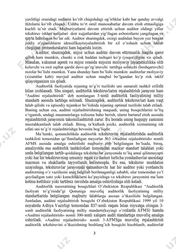 dagilarni o’z ichiga olishi mumkin:  mijozning boshqaruvda tashkiliy tuzilmalarida va operatsiyalaridagi o’zgarishlar;  bazaning mijozga ta’sir qiluvchi ijtimoiy texnik va iqtisodiy omillarining joriy rivojlanishi;  joriy yoki kelgusidagi moliyaviy qiyinchiliklar yoki xisob muomalalari;  korxona moliyaviy xisobotlarini xato yoki firibgarlik oqibatidagi moddiy jixatdan noto’g’ri yozishma (ariza) larga tasirchanligi;  bog’liq tomonlarning mavjudligi;  yangi yoki yopiq ko’chmas mulk va ishlab chiqarish korxonalari vositalari;  texnologiyadagi mahsulotlar yoki ishlab chiqarish xizmatlari yoki taqsimlash kabi yaqindagi yoki osilib qolgan o’zgarishlar;  buxgalteriya tizimi va ichki boshqaruv tizimidagi o’zgarishlar;  mijozni yangi tekshirish. yangi mijozni qabul qilishdan oldin auditorlik firmasi mijoz maqbulligini aniqlash uchun to’liq tekshirish ko’radi va agar auditor mustaqillikning etika talablarini, ma’lum vakolatlikni qondira olsa (ishni qabul qiladi) va boshqa. axborotlarning boshqa manbalari maxalliy yuristlar boshqa manbalari sras (ctrtifeitd public acciestants), banklar va boshqa kompaniyalar bilan bog’liq bo’lsada, intervyu (suhbat)larni tashkil etadi. bazida auditor boshqaruvining obro’si va asosiy azolari haqida …