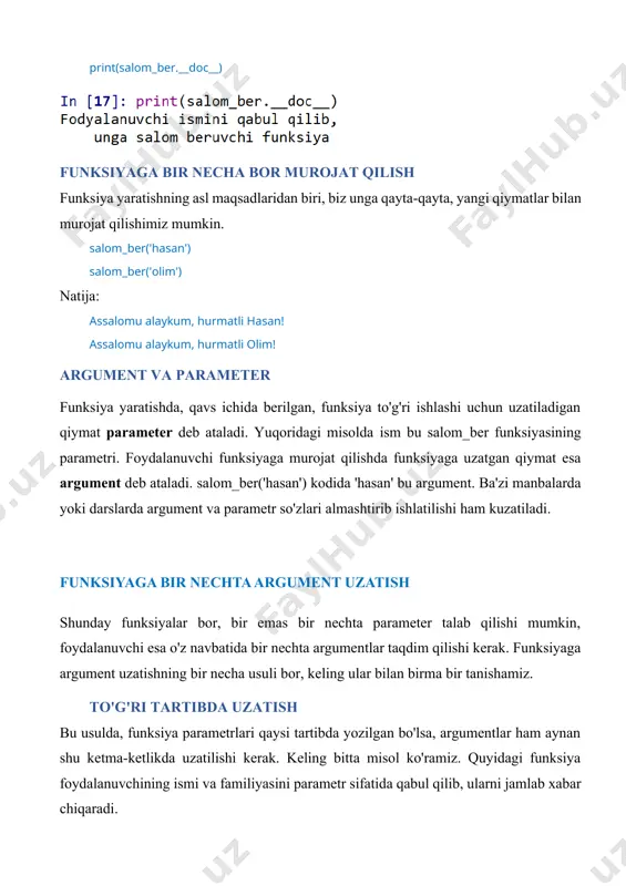 a yozilgan bo'lsa, argumentlar ham aynan shu ketma-ketlikda uzatilishi kerak. keling bitta misol ko'ramiz. quyidagi funksiya foydalanuvchining ismi va familiyasini parametr sifatida qabul qilib, ularni jamlab xabar chiqaradi. def toliq_ism(ism, familiya): ‘‘‘foydalanuvchi ism va familiyasini jamlab chiqaruvchi funksiya’’’ print(f’foydalanuvchi ismi: {ism.title()}\n’ f’foydalanuvchi familiyasi: {familiya.title()}’) yuqoridagi funksiya to'g'ri natija chiqarishi uchun argumentlarni ism va familiya ketma-ketligida kiritishimiz lozim. toliq_ism('olim','hakimov') natija: foydalanuvchi ismi: olim foydalanuvchi familiyasi: hakimov agar argumentlarni noto'g'ri ketma-ketlikda bersak, natija ham biz kutganday chiqmaydi: toliq_ism('hakimov','olim') natija: foydalanuvchi ismi: hakimov foydalanuvchi familiyasi: olim ko'p xolatlarda esa, argumentlarni noto'g'ri tartibda uzatish xatolikka ham olib kelishi mumkin. def yosh_hisobla(ism, tugilgan_yil): ‘‘‘foydalanuvchi yoshini hisoblaydigan dastur’’’ print(f’{ism.title()} {2020-tugilgan_yil} yoshda’) yosh_hisobla('olim', 1997) natija: olim 23 yoshda yosh_hisobla(1997, 'olim') natija: attributeerror: 'int' object has no attribute 'title' kalit so'z bilan uzatish yuqoridagi kabi holatlarning oldini olish uchun argumentlarni parametr nomi bilan qo'shib uzatishimiz mumkin. buning uchun funksiyaga o'zgartirish kiritish talab qilinmaydi. yosh_hisobla(tugilgan_yil=1997, ism='olim') natija: olim 23 …