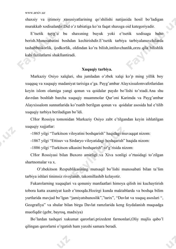 oshkent, “o’qituvchi” 1990.246-262,288-290 boshqalar. 5. savin n.v.pedagogika,toshkent, “o’qituvchi”,1975, 223-236,262-274 boshqalar. 6. babanskiy yu.k va boshqalar.pedagogika, moskva 1998, 153-167,199-203 boshqalar. 7. www.ziyonet.uz