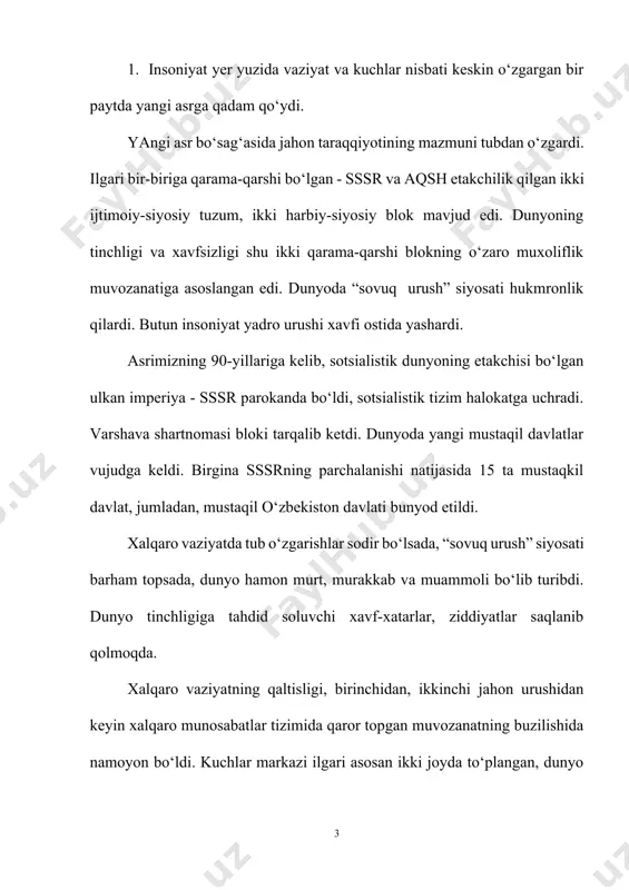 n mamlakatlarning asosiy boyligi hisoblangan tabiiy resurslarni rivojlangan mamlakatlarning o‘z qo‘liga olishga, nazorat qilishga intilishi kuchaydi. dunyoning katta qismida iqtisodi zaif, aholisi qashshoq yashayotgan mamlakatlar mavjud. mamlakatlar o‘rtasida ilmiy-texnikaviy bilimlar, ilg‘or texnologiya, erkin sarmoyalarni to‘plash va joylashtirishda ham tafovutlar katta. uchinchidan, ko‘pgina mamlakatlarda ijtimoiy osoyishtalikka qarshi xavf- xatarlar o‘sib borayapti. boy va kambag‘allar o‘rtasidagi mulkiy tafovut kuchaydi, ishsizlik, qashshoqlik yanada avj olmokda. rivojlangan mamlakatlar aholisi rivojlanayotgan mamlakatlar aholisiga nisbatan sayyoramiz resurslarini 20 marta ko‘p iste’mol qilmoqda. bunday notenglik jahonda ijtimoiy adolatni ta’minlashga xavf soluvchi jiddiy muammodir. to‘rtinchidan, bir qator mintaqalarda, hatto bir mamlakat fuqarolari o‘rtasida milliy-etnik va diniy nizolar kelib chiqib mojarolarga, qonli urushlarga aylanmokda. mintaqaviy mojarolarning xavfli tus olganligini quyidagi misollar yaqqol ko‘rsatib turibdi: hozirgi paytda butun dunyoda qariyb milliondan ortiq qochoq bor. 1996 yilda boshqa mamlakatlarda boshpana topgan 13 million kishi ro‘yxatga olingan. fuqarolar urushi tufayli 30 millionga yaqin odam o‘zi yashaydigan joylarni tashlab, boshqa mamlakatlarga qochoq sifatida …