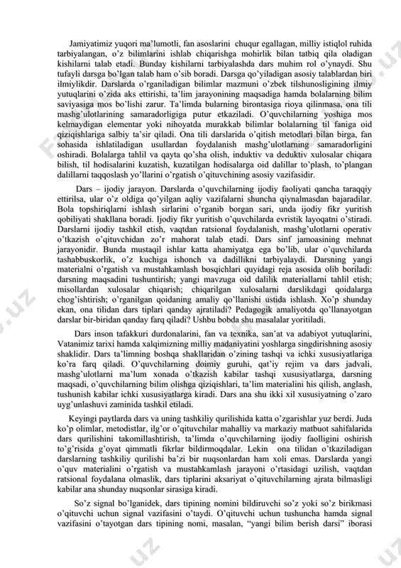darsning yangi materialni o’rgatish va mustahkamlash bosqichlari quyidagi reja asosida olib boriladi: darsning maqsadini tushuntirish; yangi mavzuga oid dalilik materiallarni tahlil etish; misollardan xulosalar chiqarish; chiqarilgan xulosalarni darslikdagi qoidalarga chog’ishtirish; o’rganilgan qoidaning amaliy qo’llanishi ustida ishlash. xo’p shunday ekan, ona tilidan dars tiplari qanday ajratiladi? pedagogik amaliyotda qo’llanayotgan darslar bir-biridan qanday farq qiladi? ushbu bobda shu masalalar yoritiladi. dars inson tafakkuri durdonalarini, fan va texnika, san’at va adabiyot yutuqlarini, vatanimiz tarixi hamda xalqimizning milliy madaniyatini yoshlarga singdirishning asosiy shaklidir. dars ta’limning boshqa shakllaridan o’zining tashqi va ichki xususiyatlariga ko’ra farq qiladi. o’quvchilarning doimiy guruhi, qat’iy rejim va dars jadvali, mashg’ulotlarni ma’lum xonada o’tkazish kabilar tashqi xususiyatlarga, darsning maqsadi, o’quvchilarning bilim olishga qiziqishlari, ta’lim materialini his qilish, anglash, tushunish kabilar ichki xususiyatlarga kiradi. dars ana shu ikki xil xususiyatning o’zaro uyg’unlashuvi zaminida tashkil etiladi. keyingi paytlarda dars va uning tashkiliy qurilishida katta o’zgarishlar yuz berdi. juda ko’p olimlar, metodistlar, ilg’or o’qituvchilar …